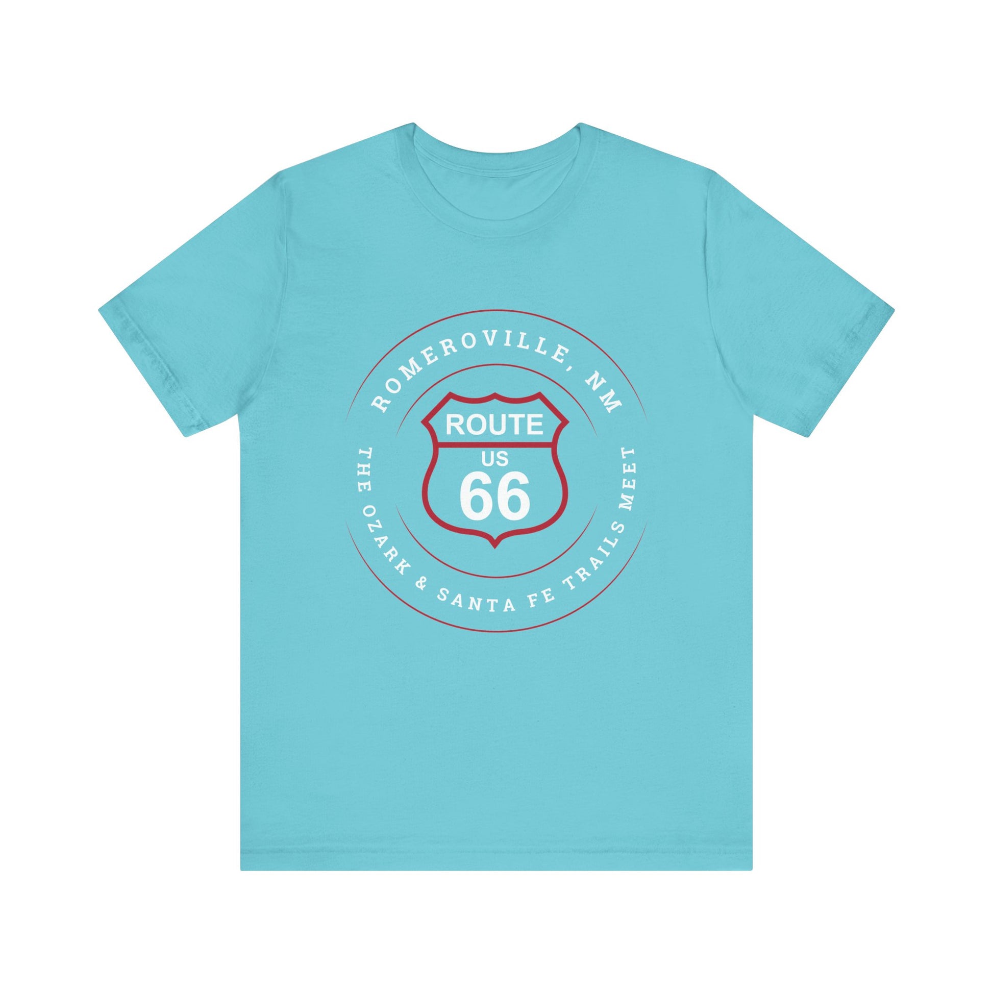 Turquoise retro Route 66 unisex jersey tee with Romeroville, NM: "The Ozark & Santa Fe Trails Meet" design