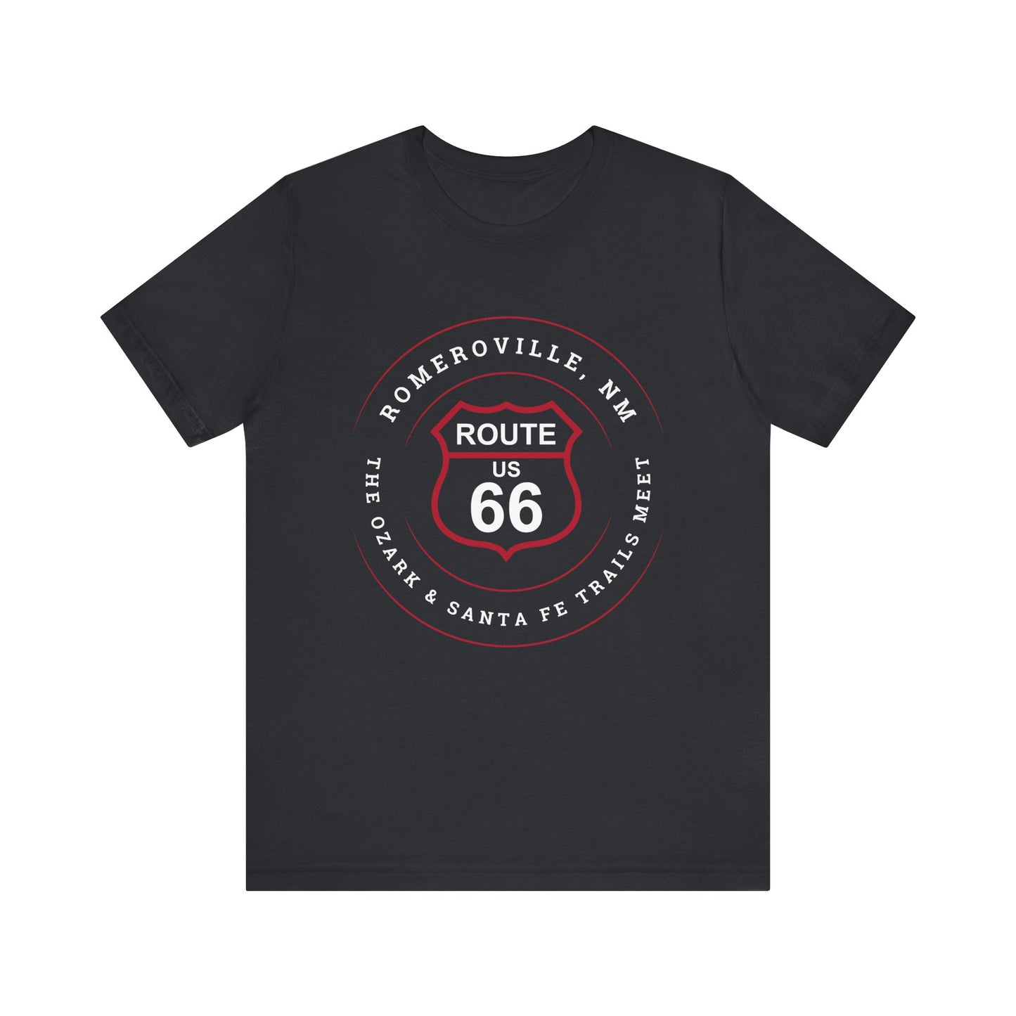 Vintage black retro Route 66 unisex jersey tee with Romeroville, NM: "The Ozark & Santa Fe Trails Meet" design