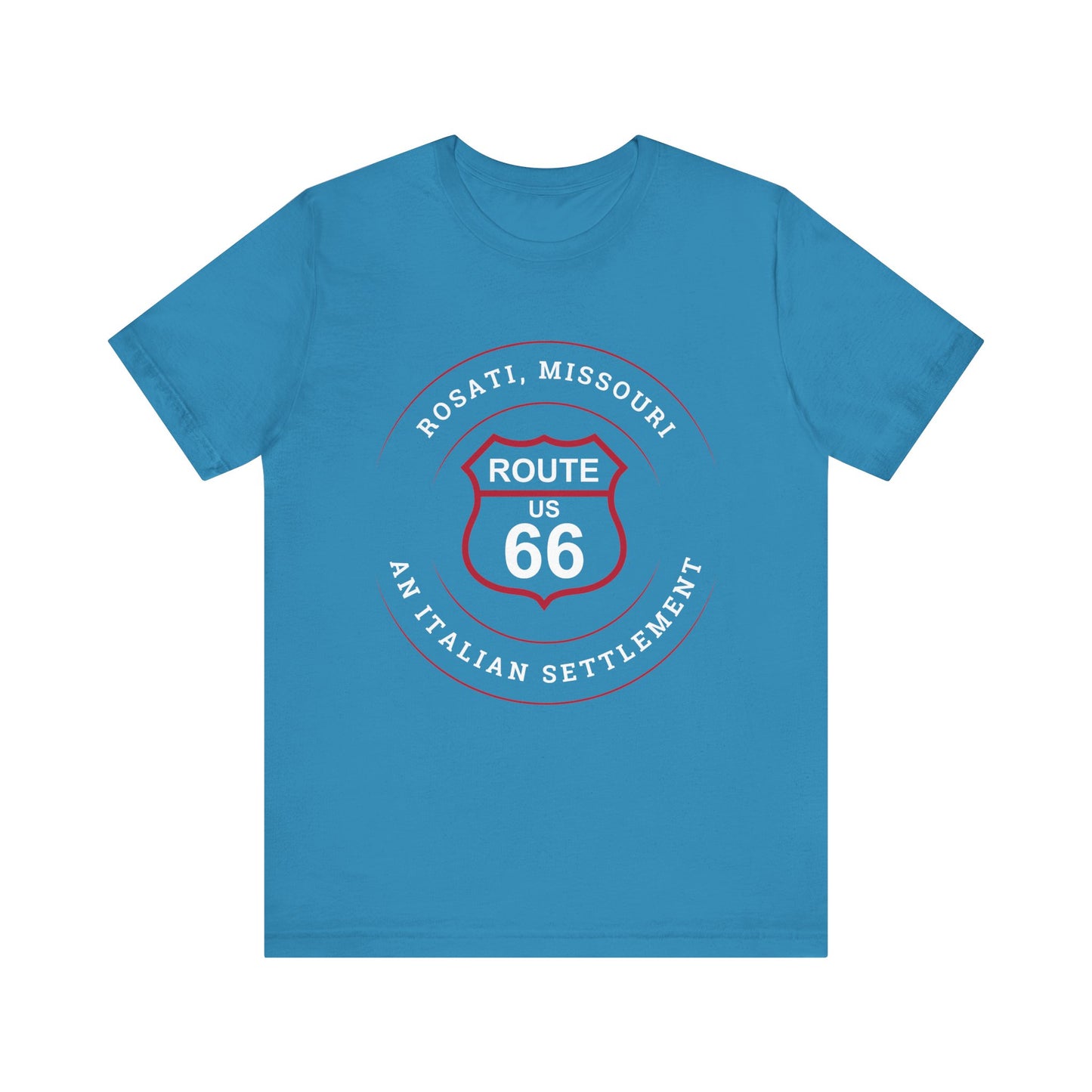 Aqua retro Route 66 unisex jersey tee with Rosati, MO: "An Italian Settlement" design