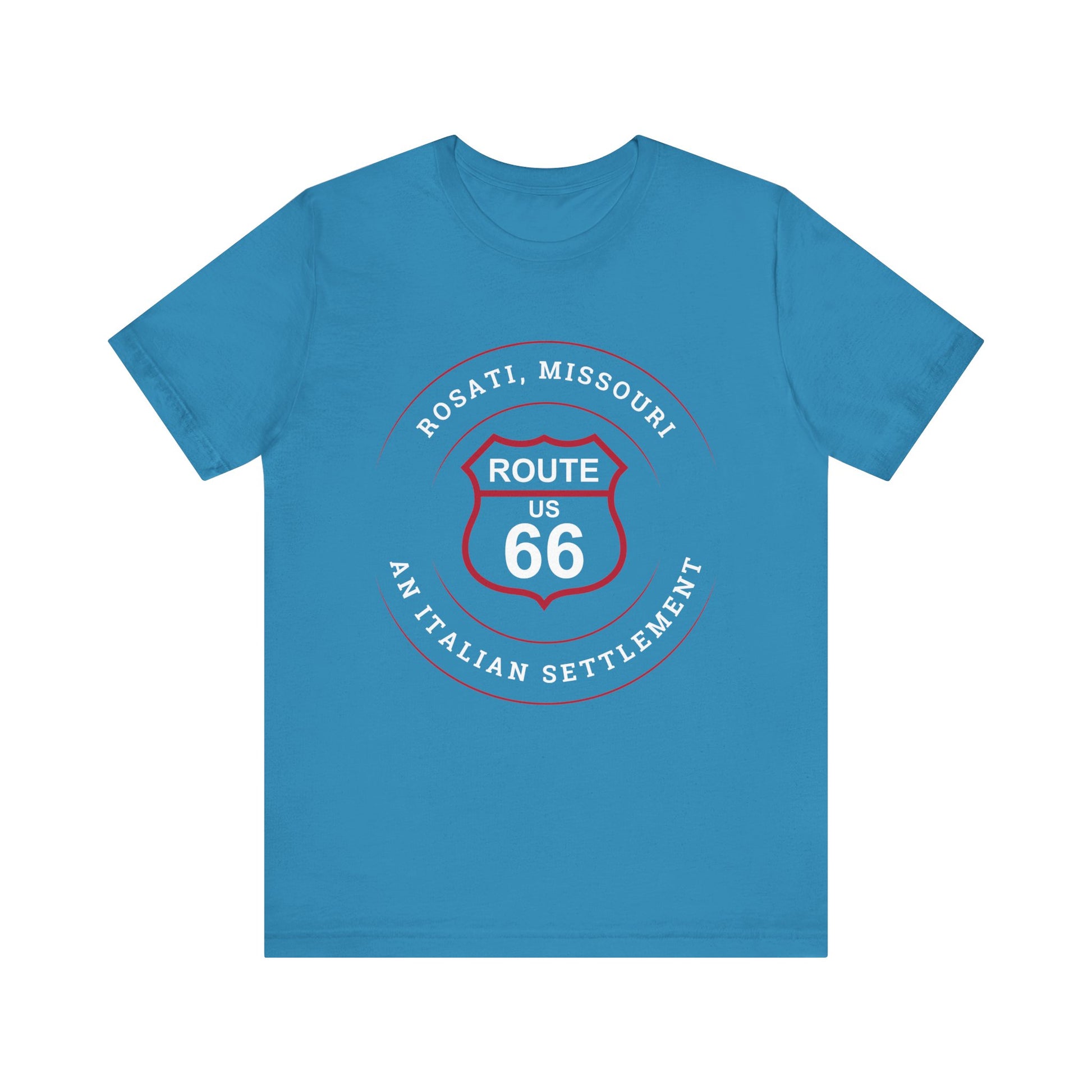 Aqua retro Route 66 unisex jersey tee with Rosati, MO: "An Italian Settlement" design