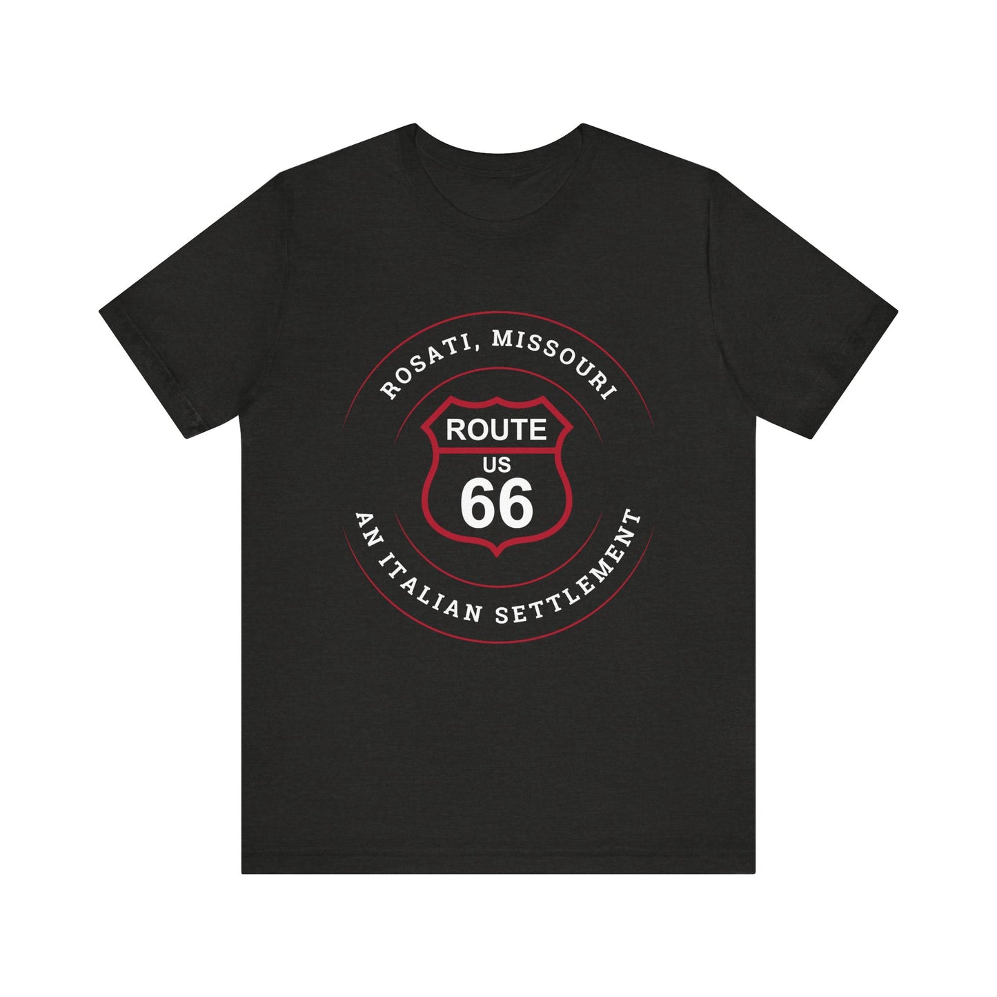 Black heather retro Route 66 unisex jersey tee with Rosati, MO: "An Italian Settlement" design