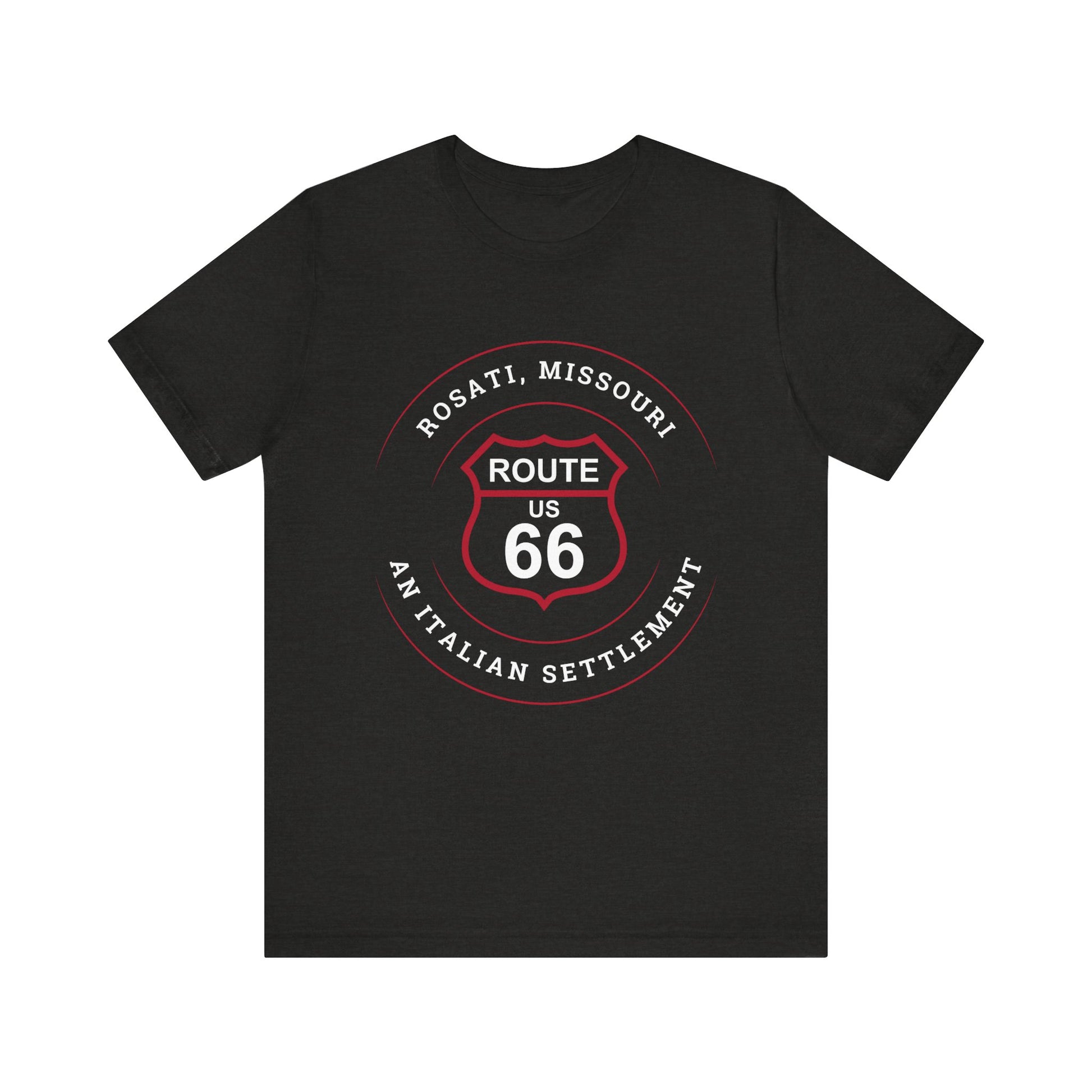 Black heather retro Route 66 unisex jersey tee with Rosati, MO: "An Italian Settlement" design