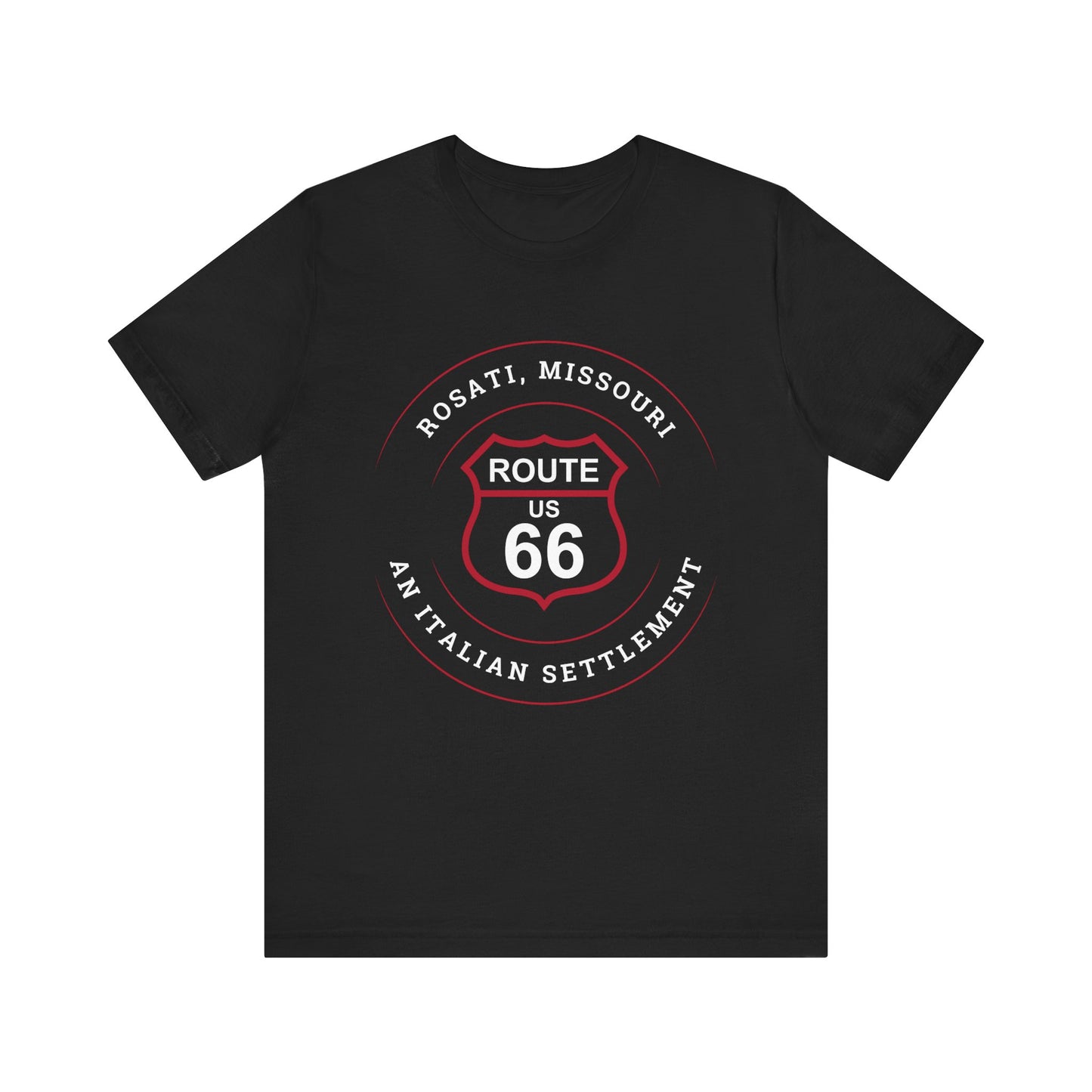 Black retro Route 66 unisex jersey tee with Rosati, MO: "An Italian Settlement" design