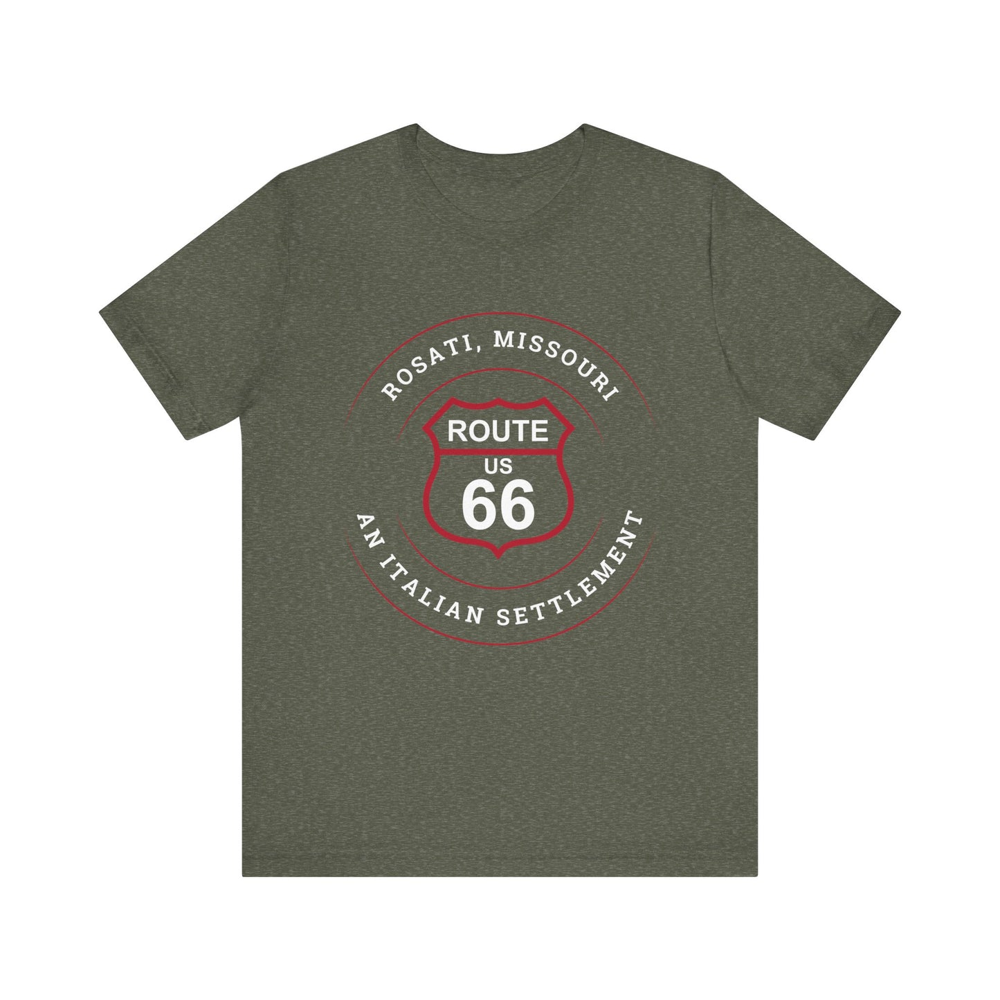 Heather military green retro Route 66 unisex jersey tee with Rosati, MO: "An Italian Settlement" design