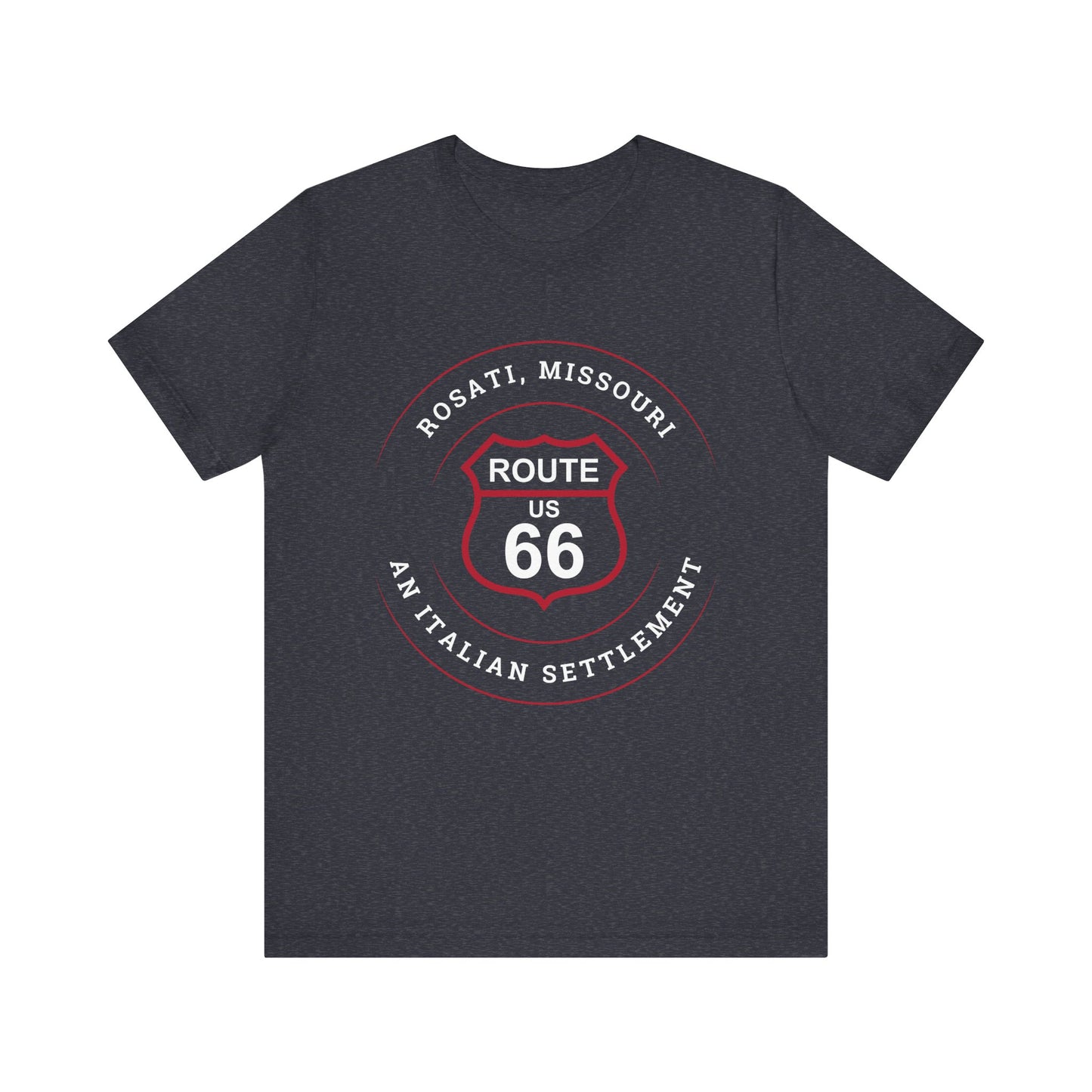 Heather navy retro Route 66 unisex jersey tee with Rosati, MO: "An Italian Settlement" design
