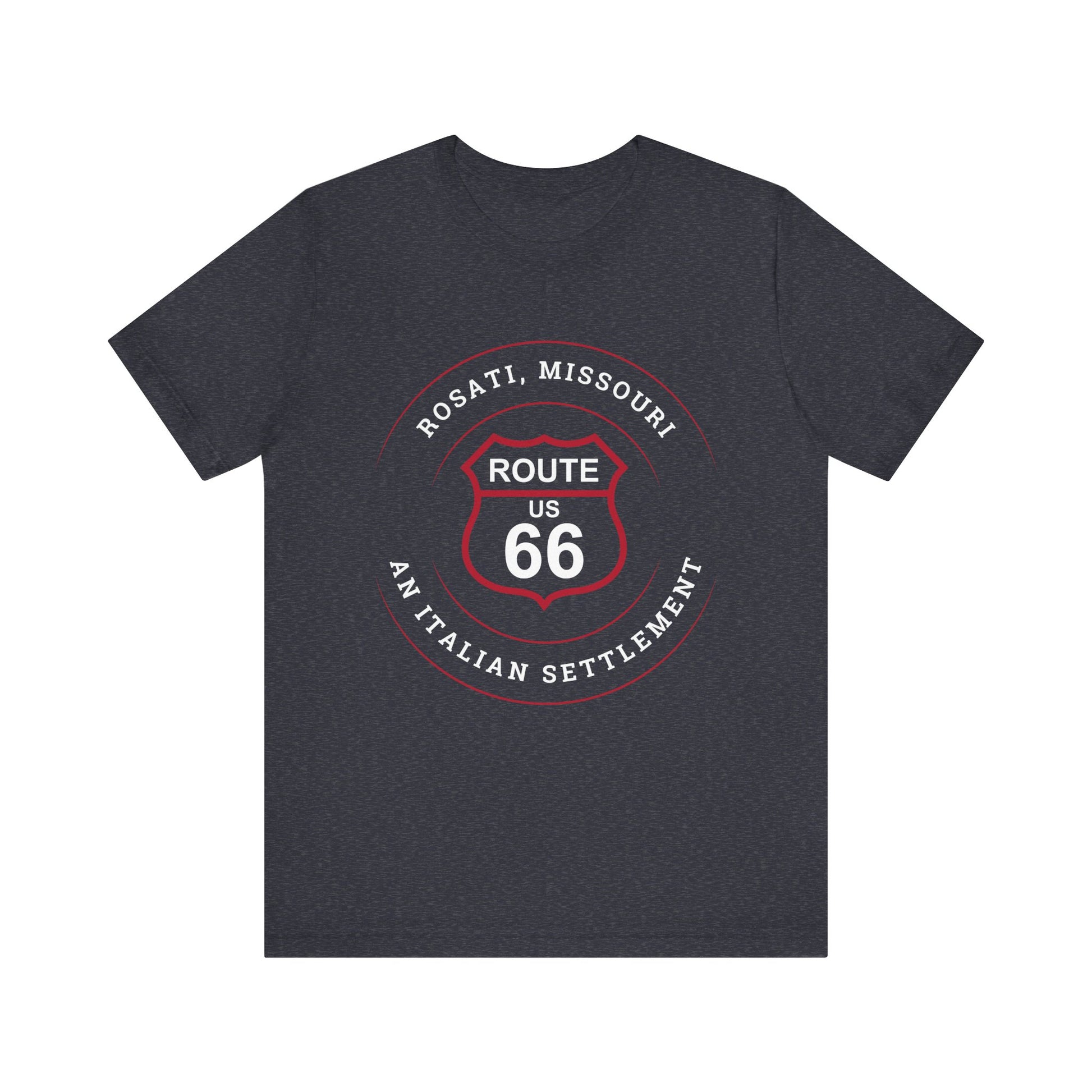 Heather navy retro Route 66 unisex jersey tee with Rosati, MO: "An Italian Settlement" design