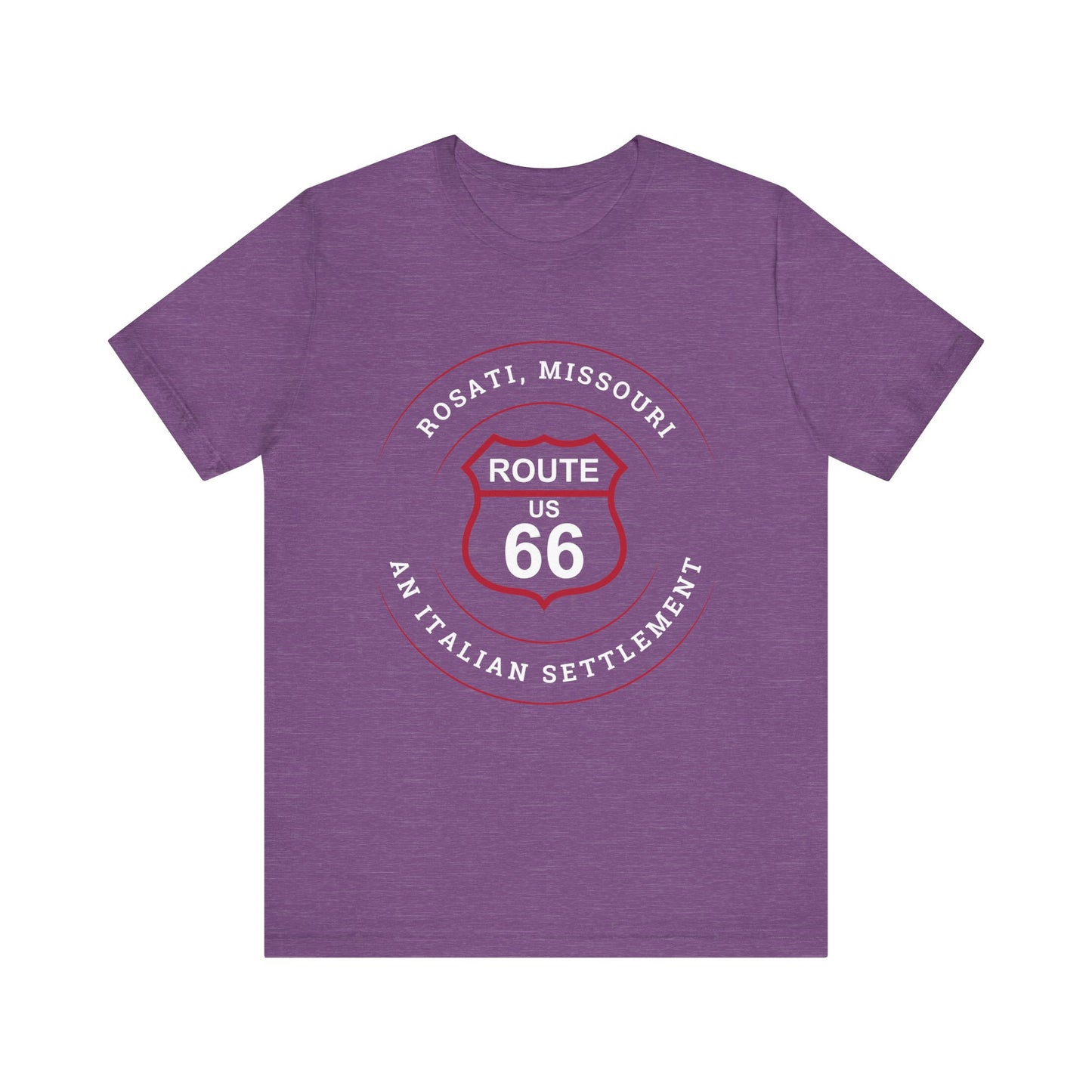 Heather team purple retro Route 66 unisex jersey tee with Rosati, MO: "An Italian Settlement" design