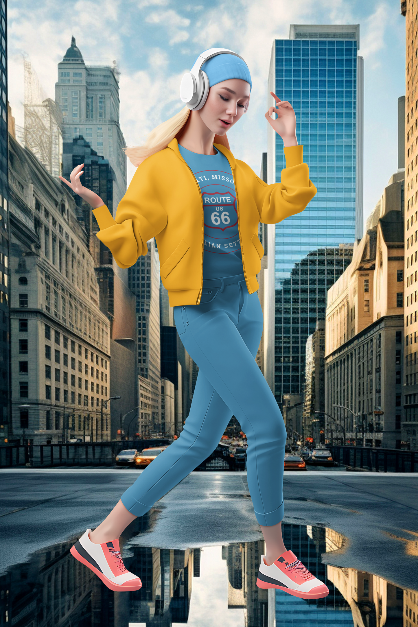 A blonde woman with headphones and a blue beanie walks across a wet city street, with her reflection visible in a puddle. She is wearing a yellow jacket, a light aqua retro Route 66 unisex jersey tee with a Rosati, MO: "An Italian Settlement" design