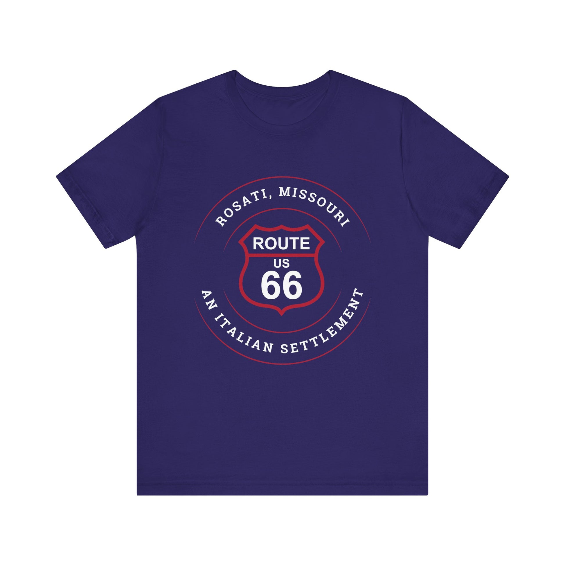 Team navy retro Route 66 unisex jersey tee with Rosati, MO: "An Italian Settlement" design