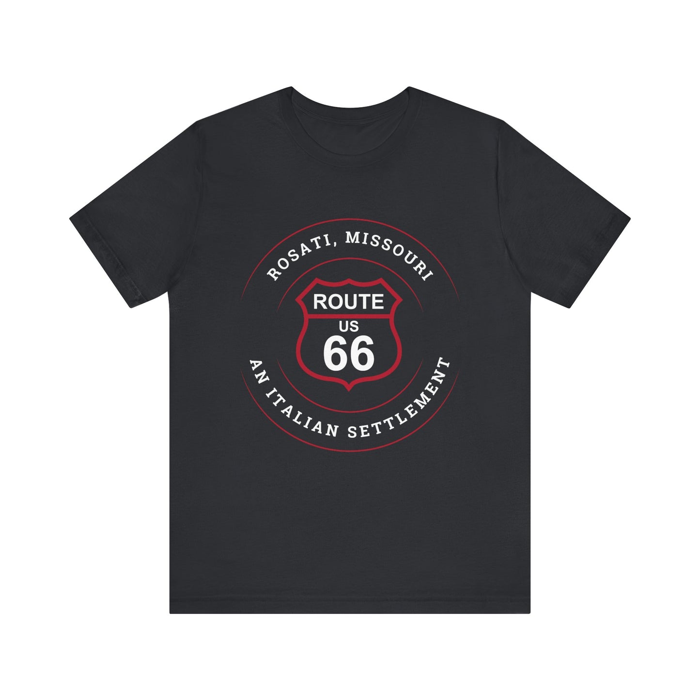 Vintage black retro Route 66 unisex jersey tee with Rosati, MO: "An Italian Settlement" design