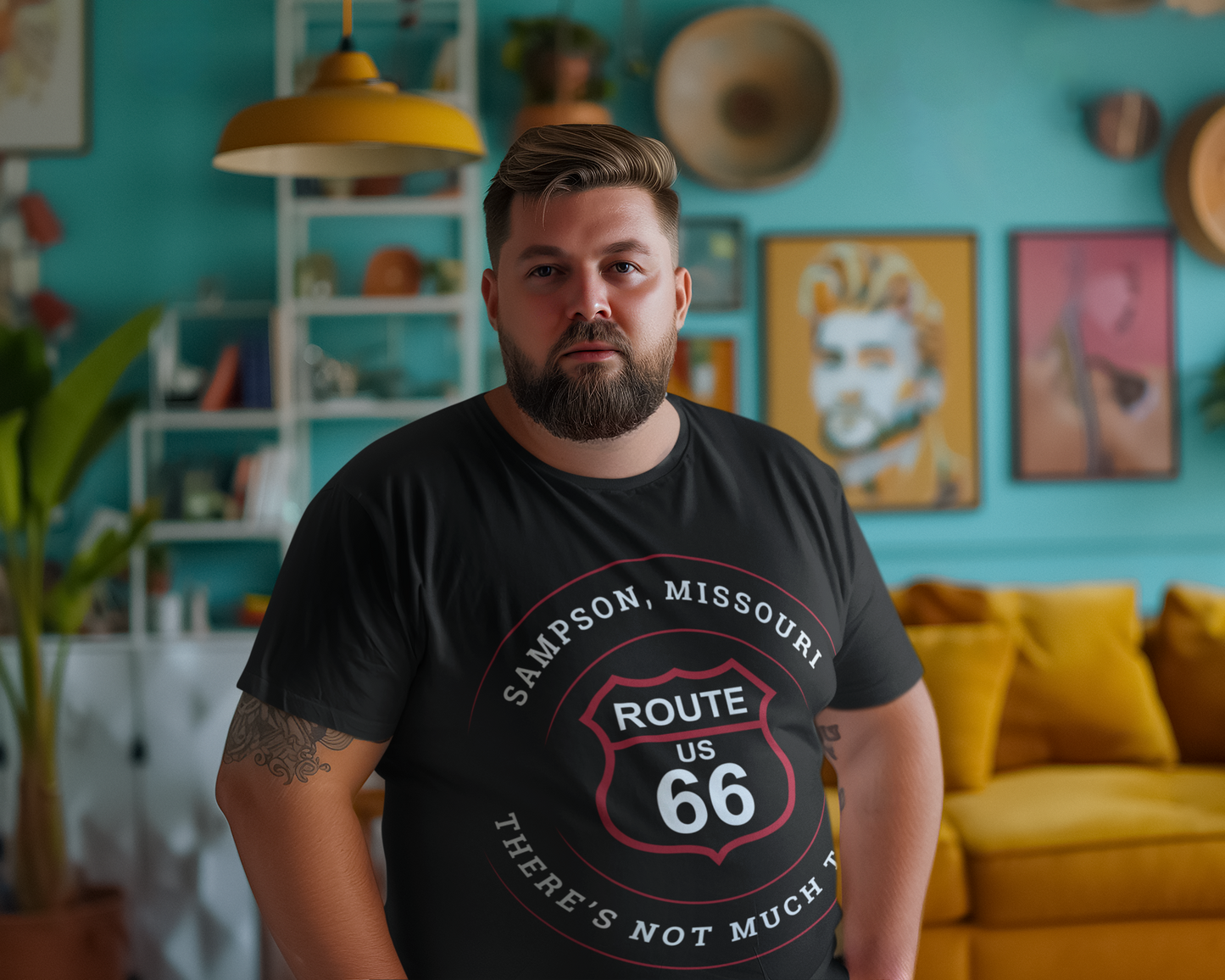 Vintage black male model wearing a black retro Route 66 unisex jersey tee with a Sampson, MO "There's Not Much to Say" design