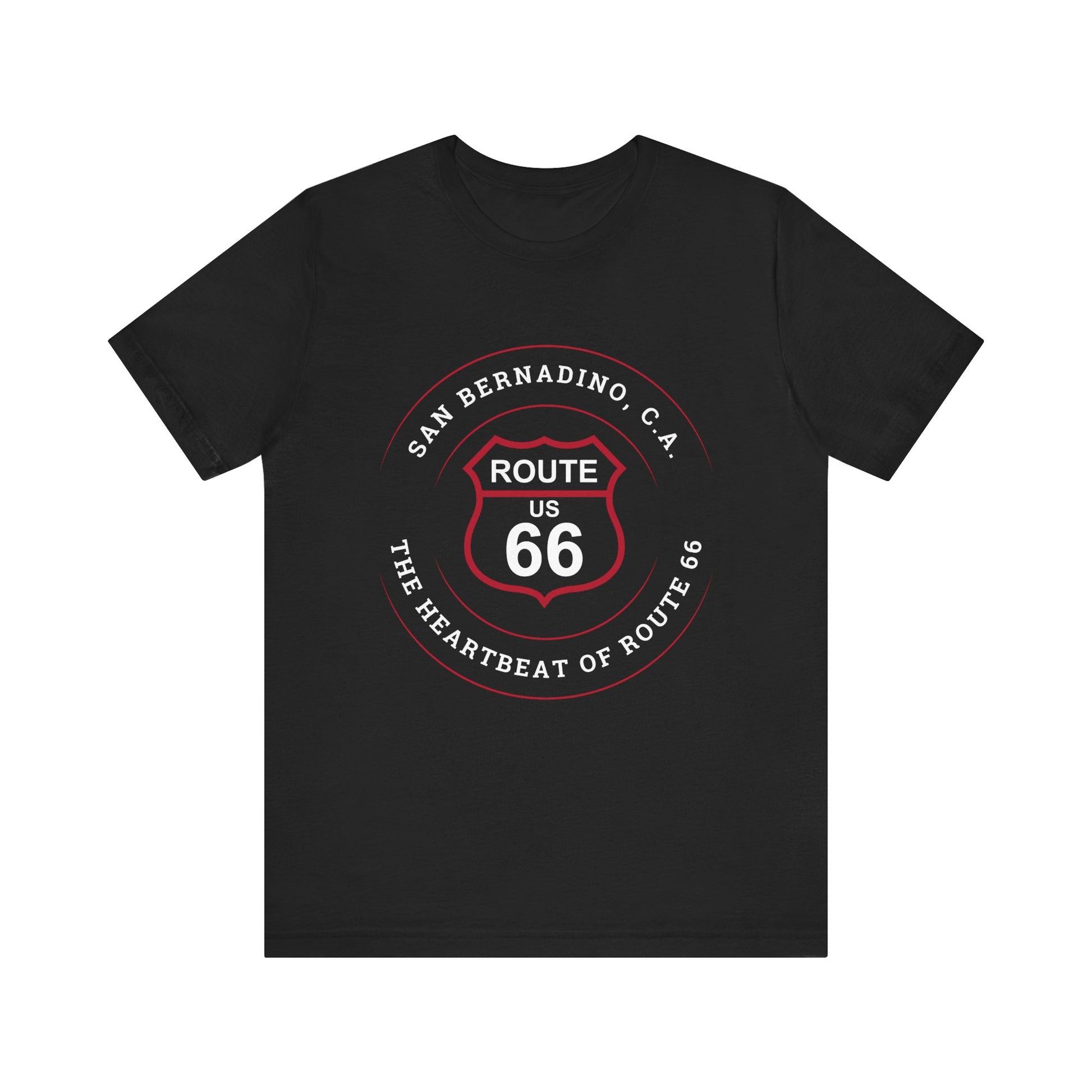 Black retro Route 66 unisex jersey tee with San Bernardino, CA: "Heartbeat of Route 66" design