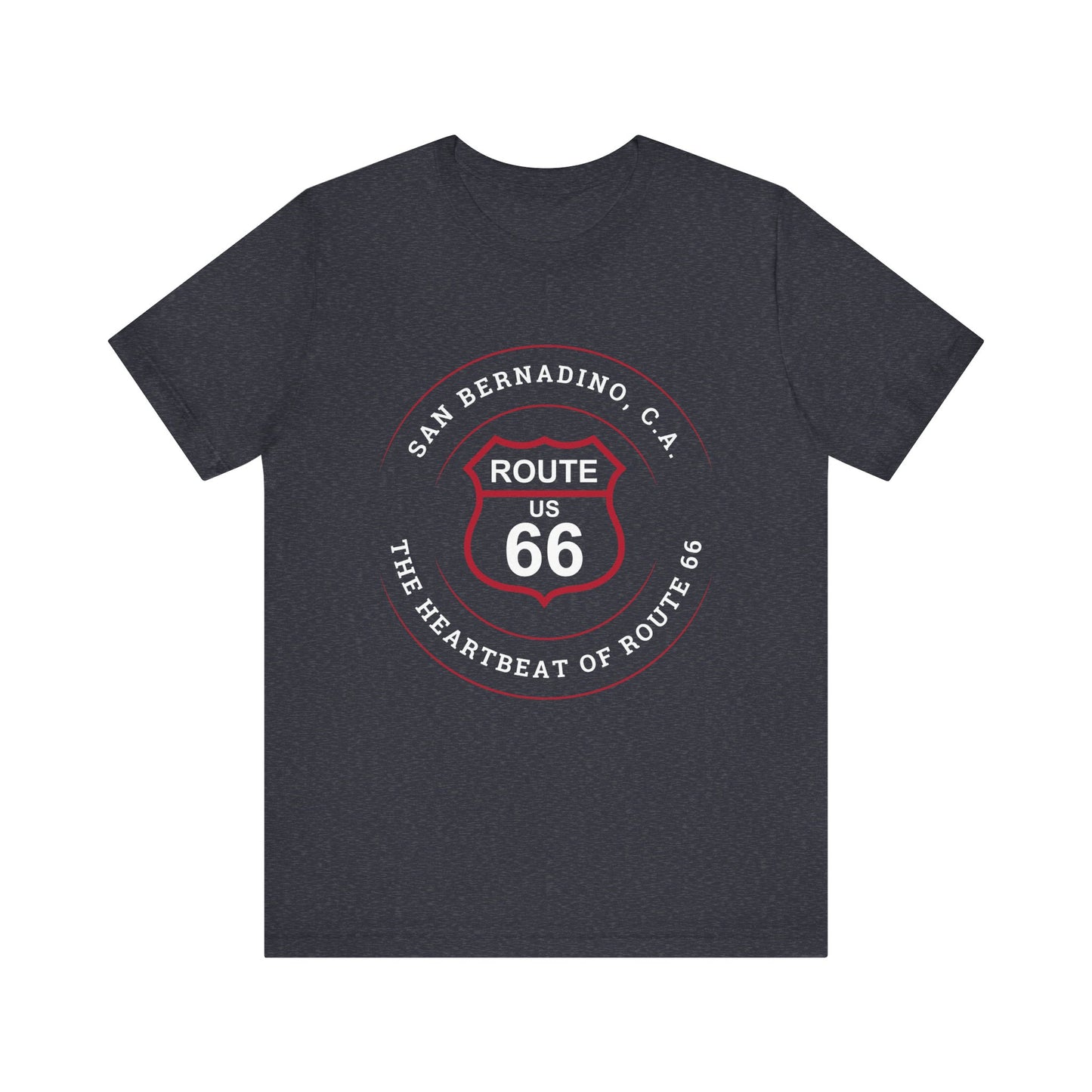 Heather navy retro Route 66 unisex jersey tee with San Bernardino, CA: "Heartbeat of Route 66" design