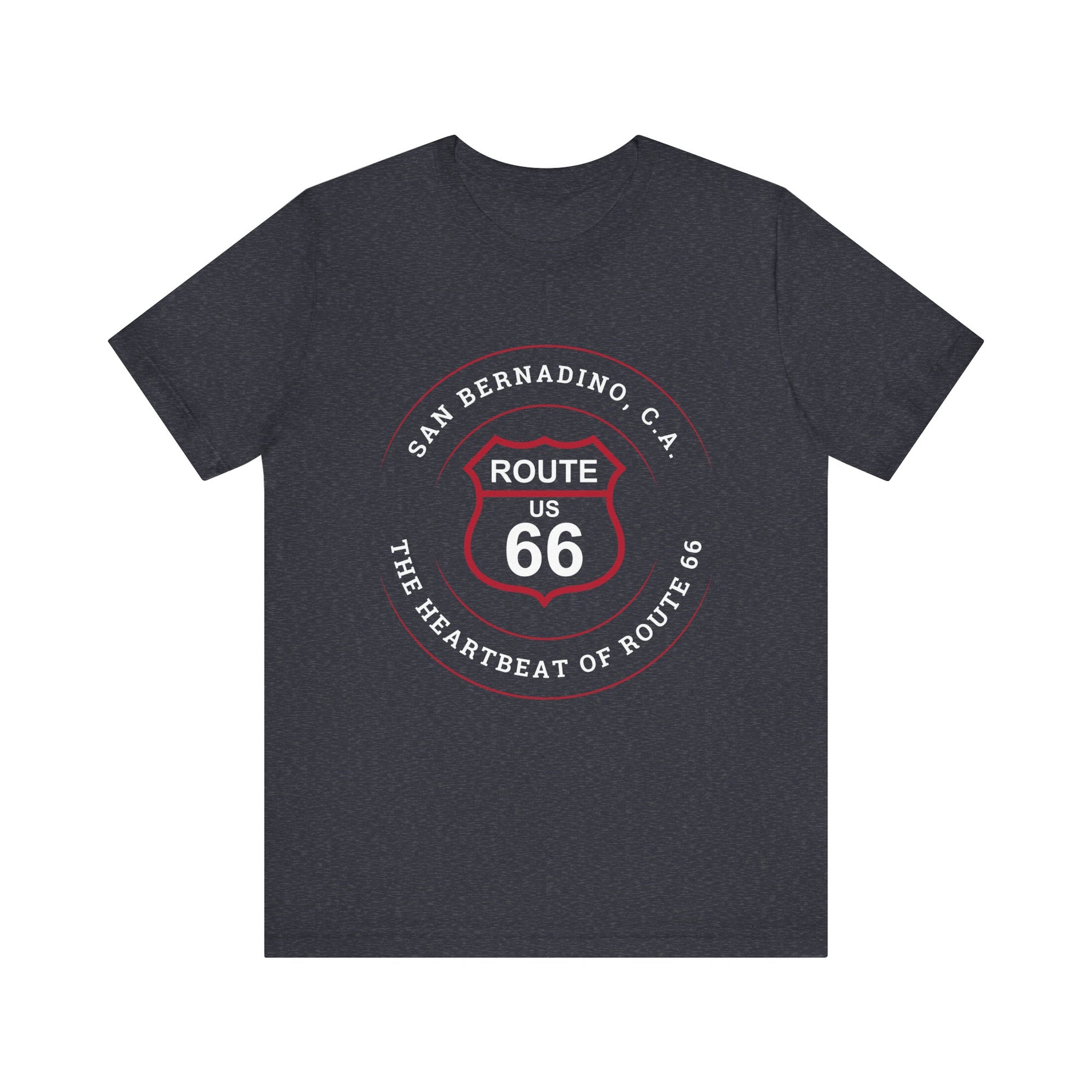 Heather navy retro Route 66 unisex jersey tee with San Bernardino, CA: "Heartbeat of Route 66" design