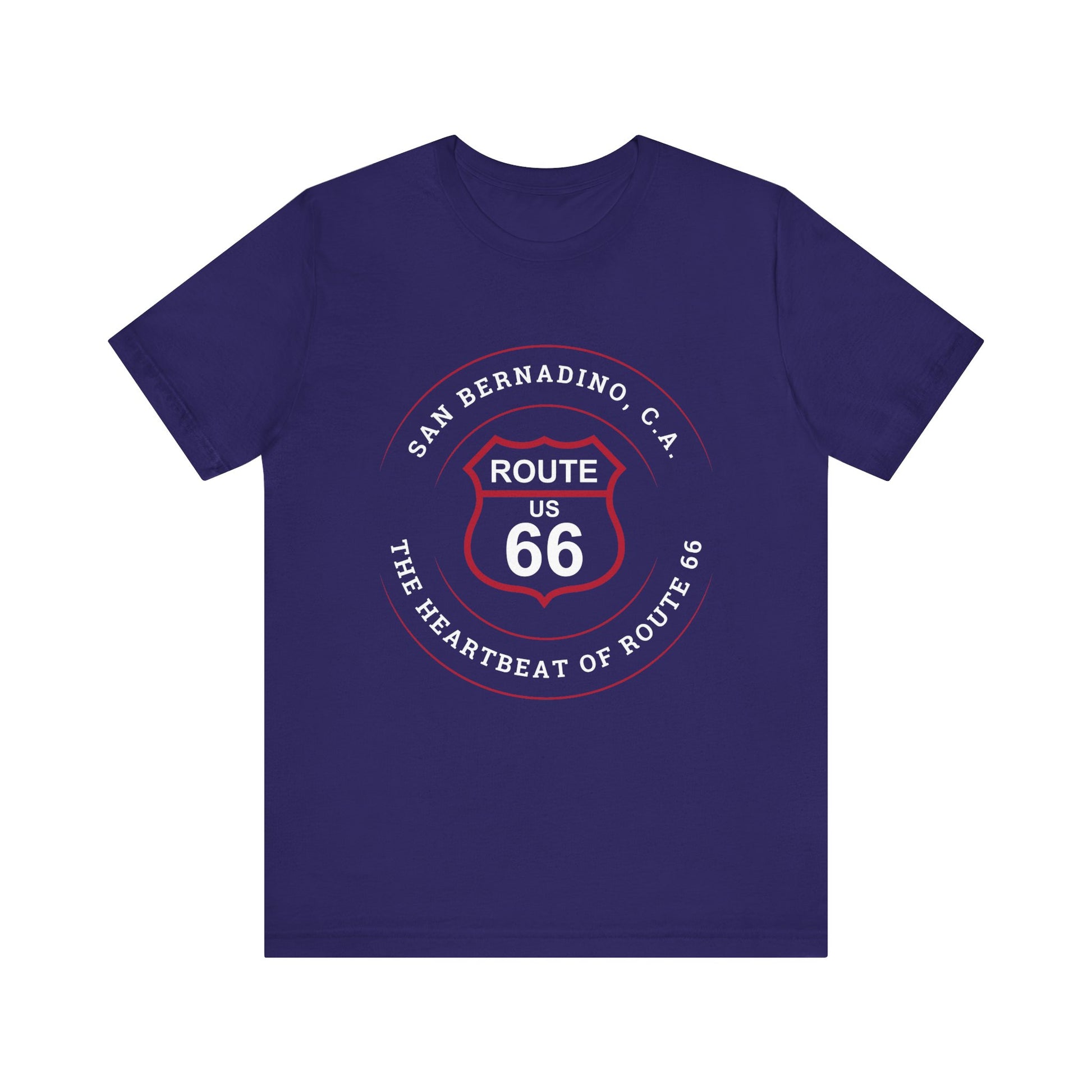 Team navy retro Route 66 unisex jersey tee with San Bernardino, CA: "Heartbeat of Route 66" design