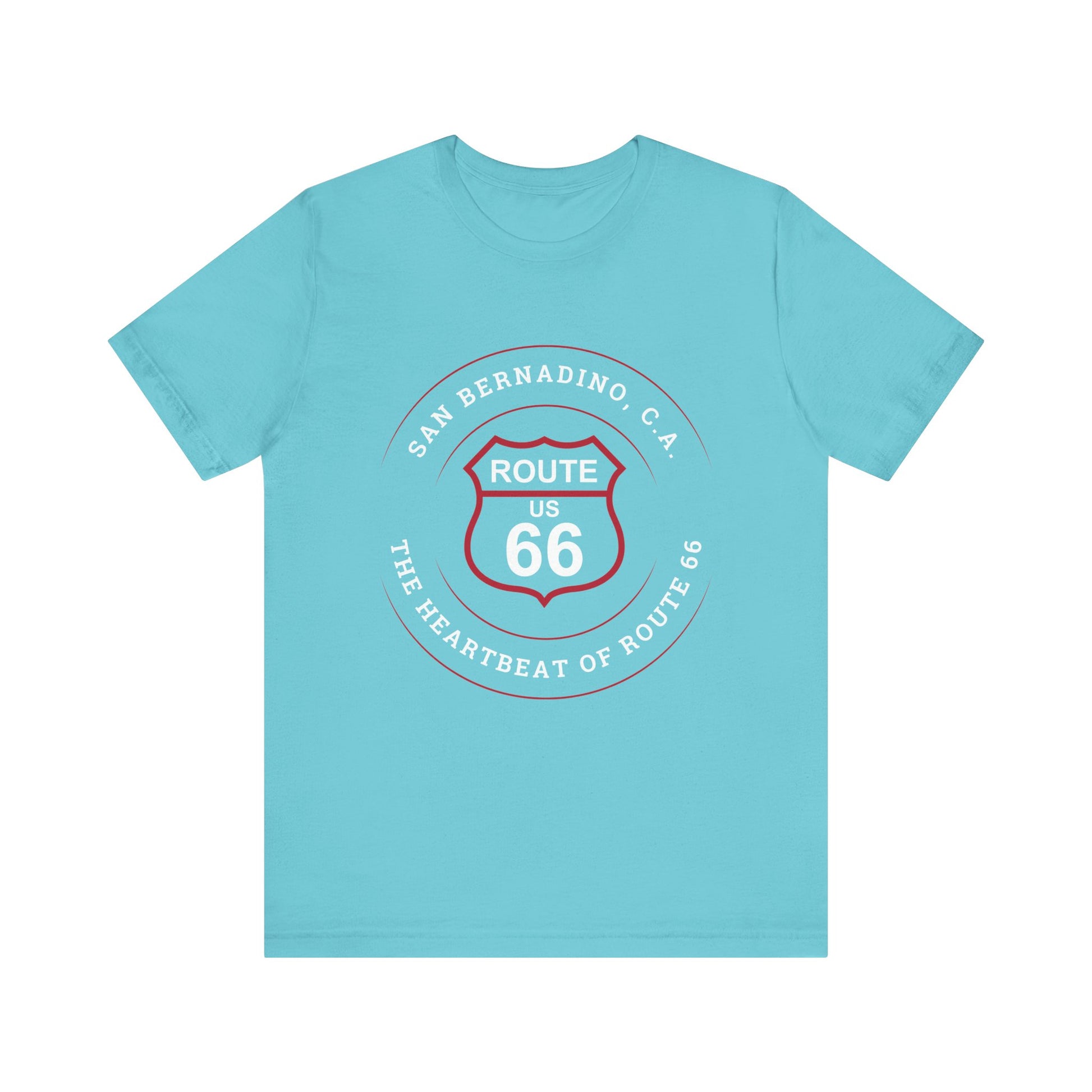 Turquoise retro Route 66 unisex jersey tee with San Bernardino, CA: "Heartbeat of Route 66" design