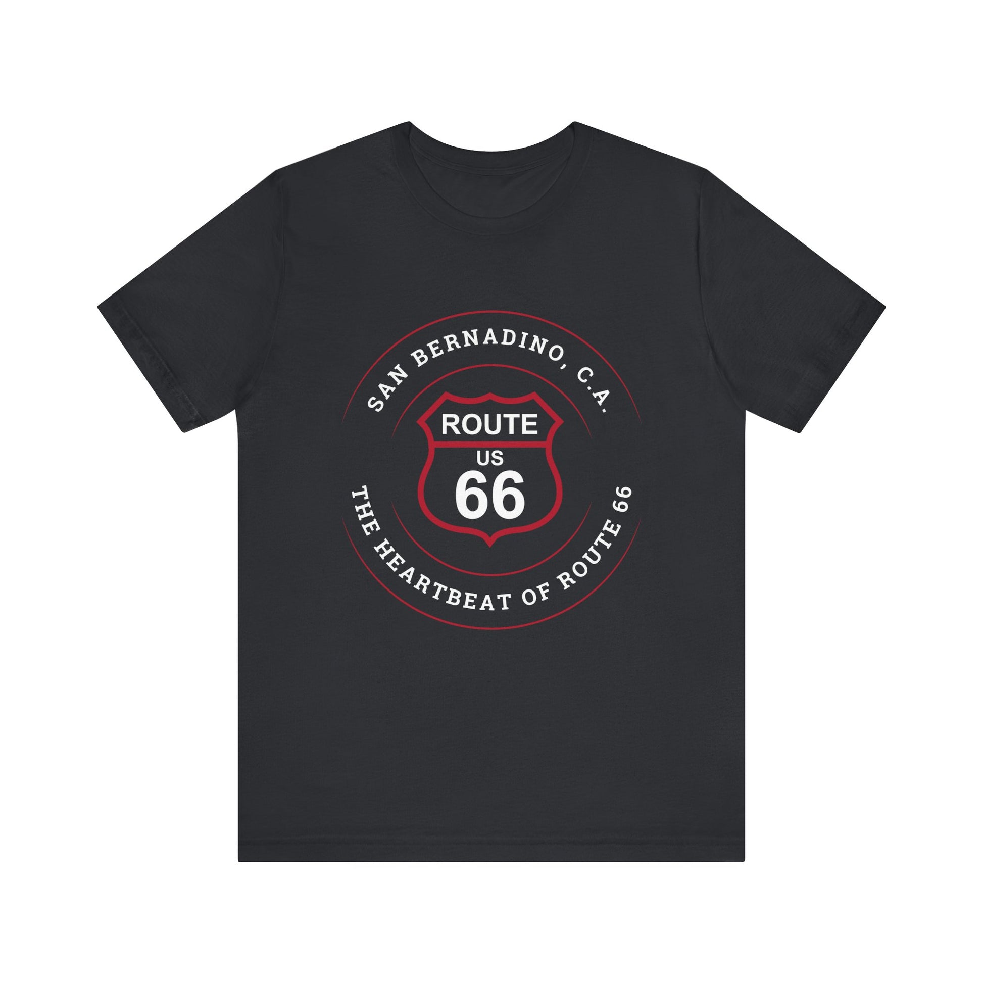 Vintage black retro Route 66 unisex jersey tee with San Bernardino, CA: "Heartbeat of Route 66" design