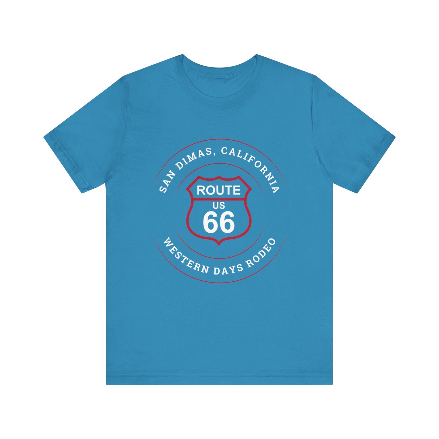 Aqua retro Route 66 unisex jersey tee with Glendora, CA: "Pride of the Foothills" design