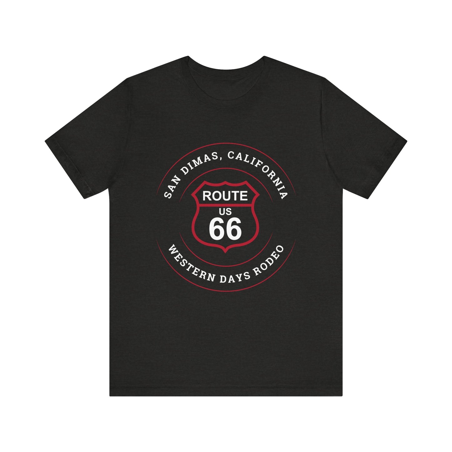 Black heather retro Route 66 unisex jersey tee with Glendora, CA: "Pride of the Foothills" design