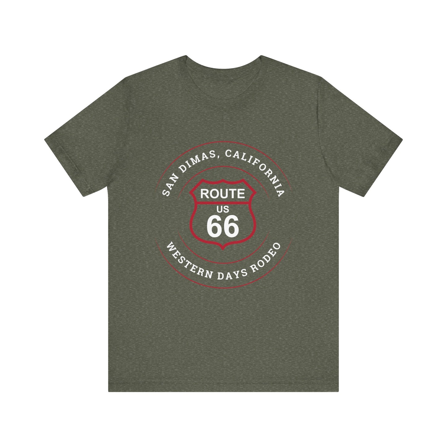 Heather military green retro Route 66 unisex jersey tee with Glendora, CA: "Pride of the Foothills" design