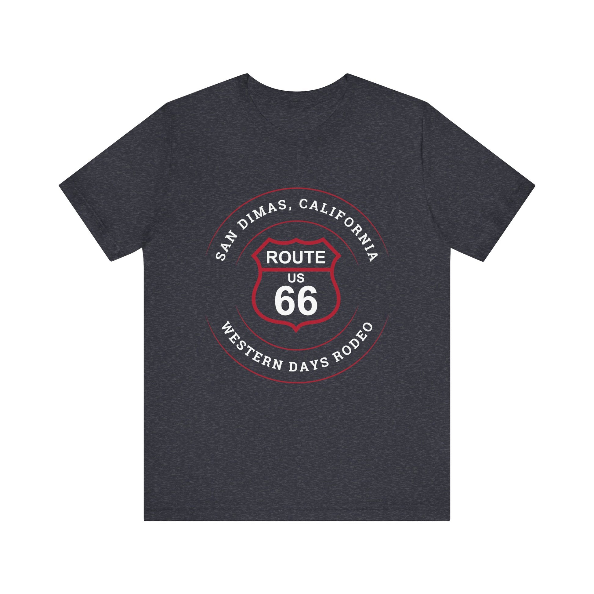 Heather navy retro Route 66 unisex jersey tee with Glendora, CA: "Pride of the Foothills" design