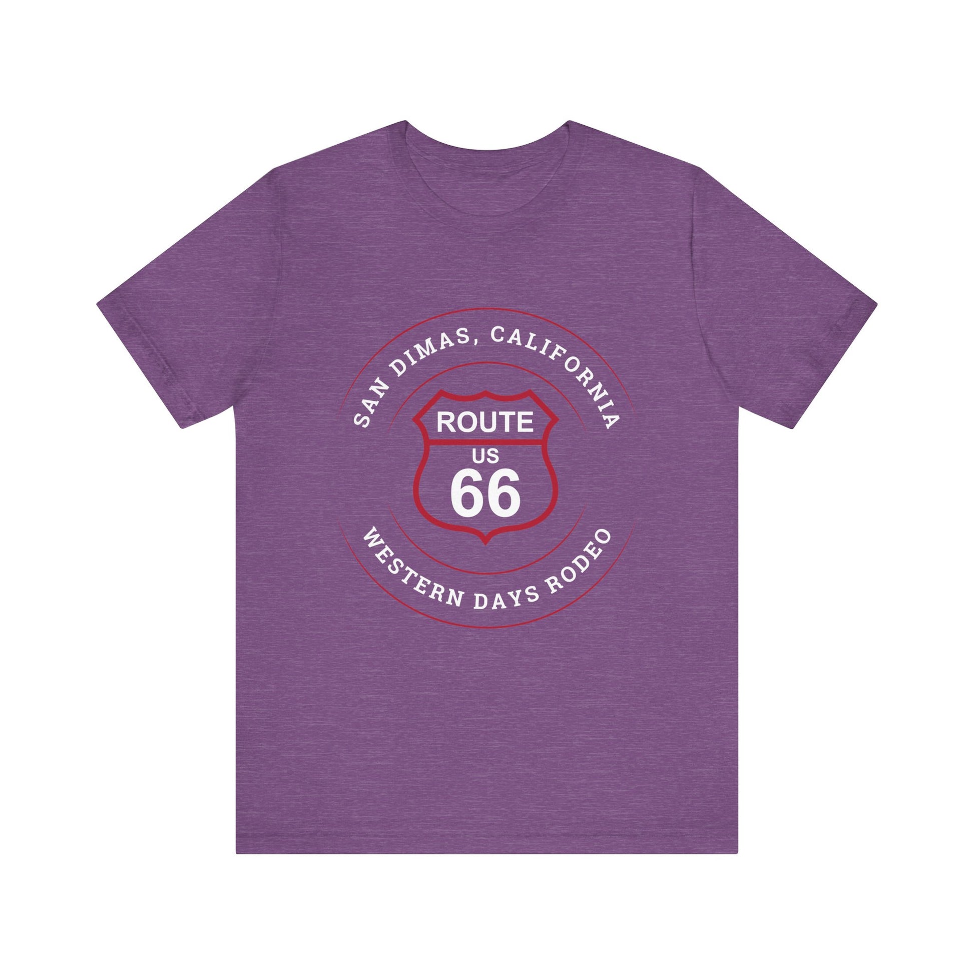 Heather team purple retro Route 66 unisex jersey tee with Glendora, CA: "Pride of the Foothills" design