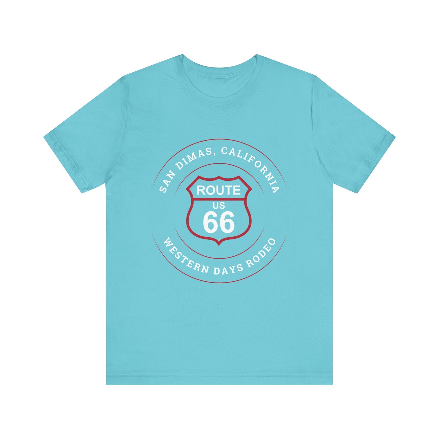 Turquoise retro Route 66 unisex jersey tee with Glendora, CA: "Pride of the Foothills" design