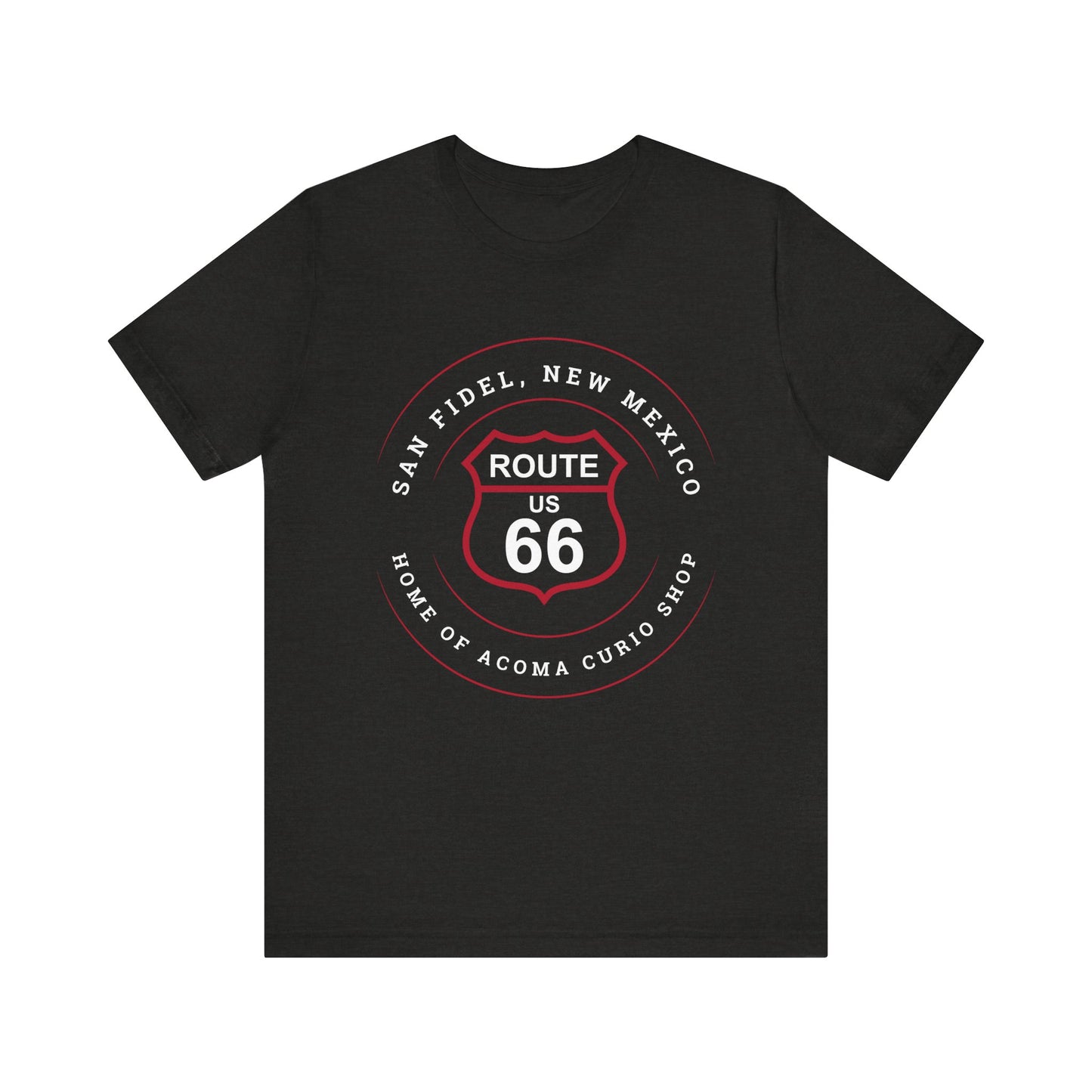 Black heather retro Route 66 unisex jersey tee with San Fidel, NM: "Home of the Acoma Curio Shop" design