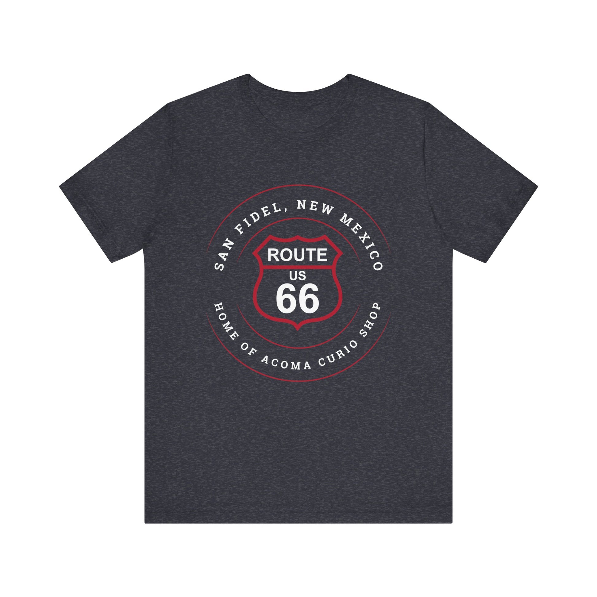 Heather navy retro Route 66 unisex jersey tee with San Fidel, NM: "Home of the Acoma Curio Shop" design