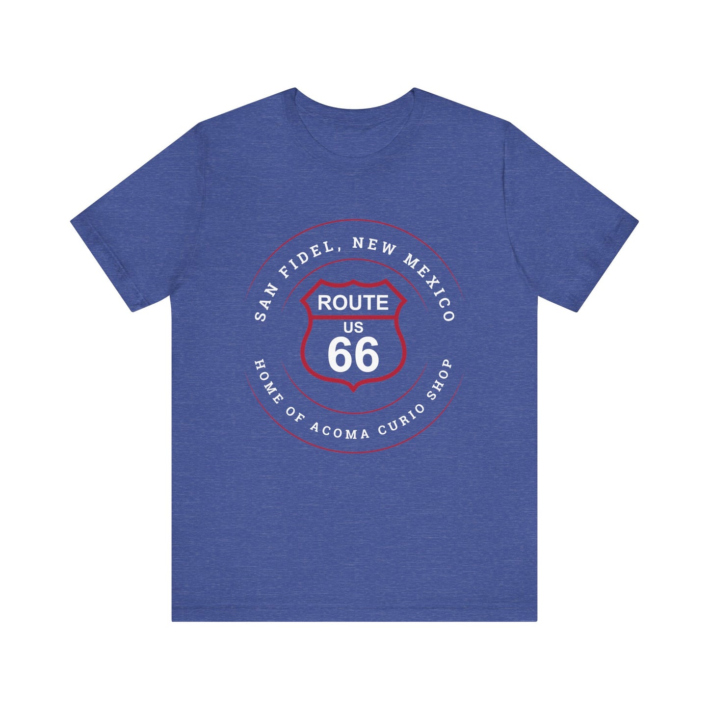 Heather true royal retro Route 66 unisex jersey tee with San Fidel, NM: "Home of the Acoma Curio Shop" design