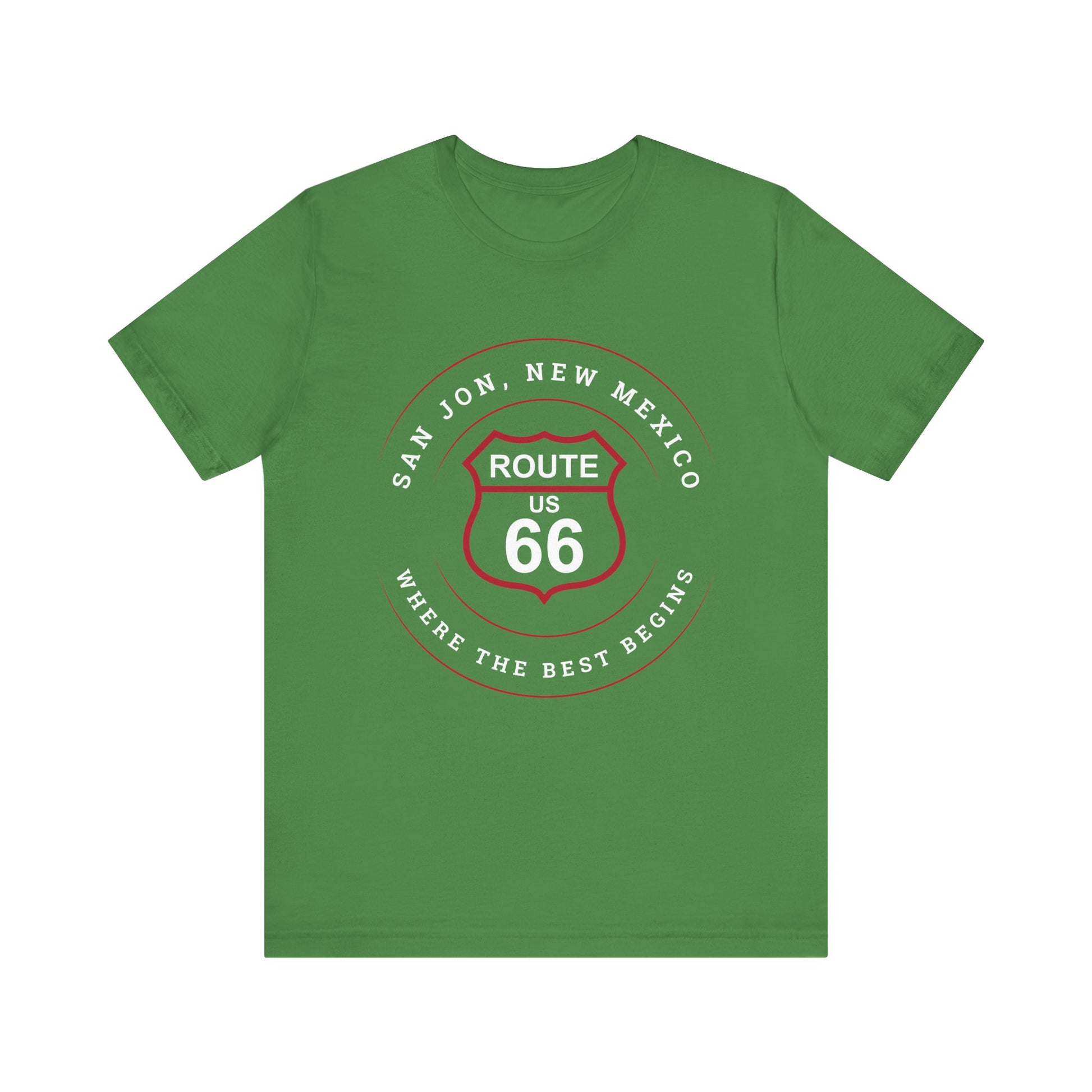 Leaf retro Route 66 unisex jersey tee with San Jon, NM: "Where the Best Begins" design