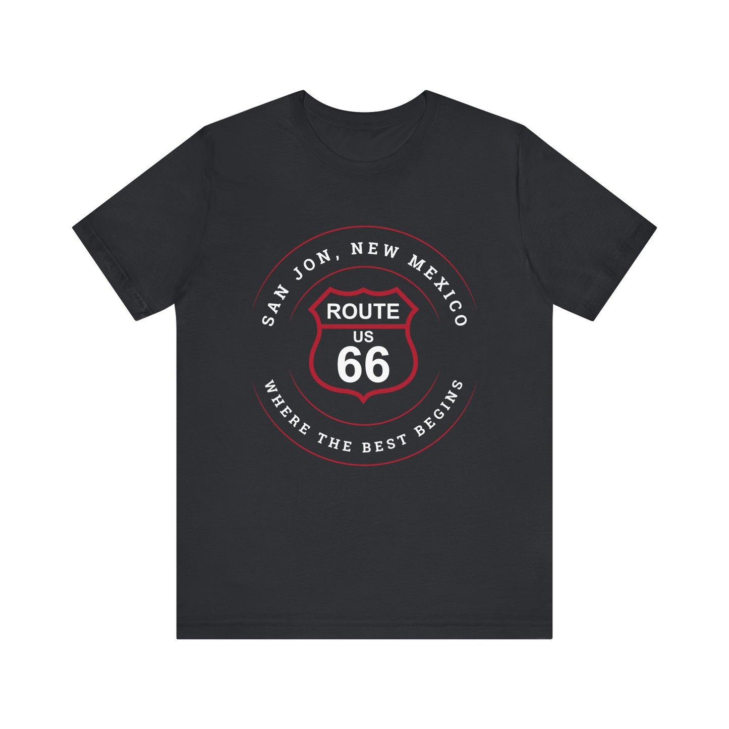 Vintage black retro Route 66 unisex jersey tee with San Jon, NM: "Where the Best Begins" design