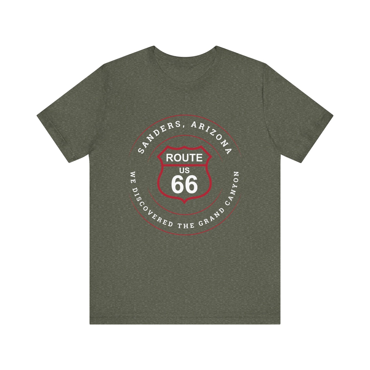 Heather military green retro Route 66 unisex jersey tee with Sanders, AZ: "We Discovered the Grand Canyon" design