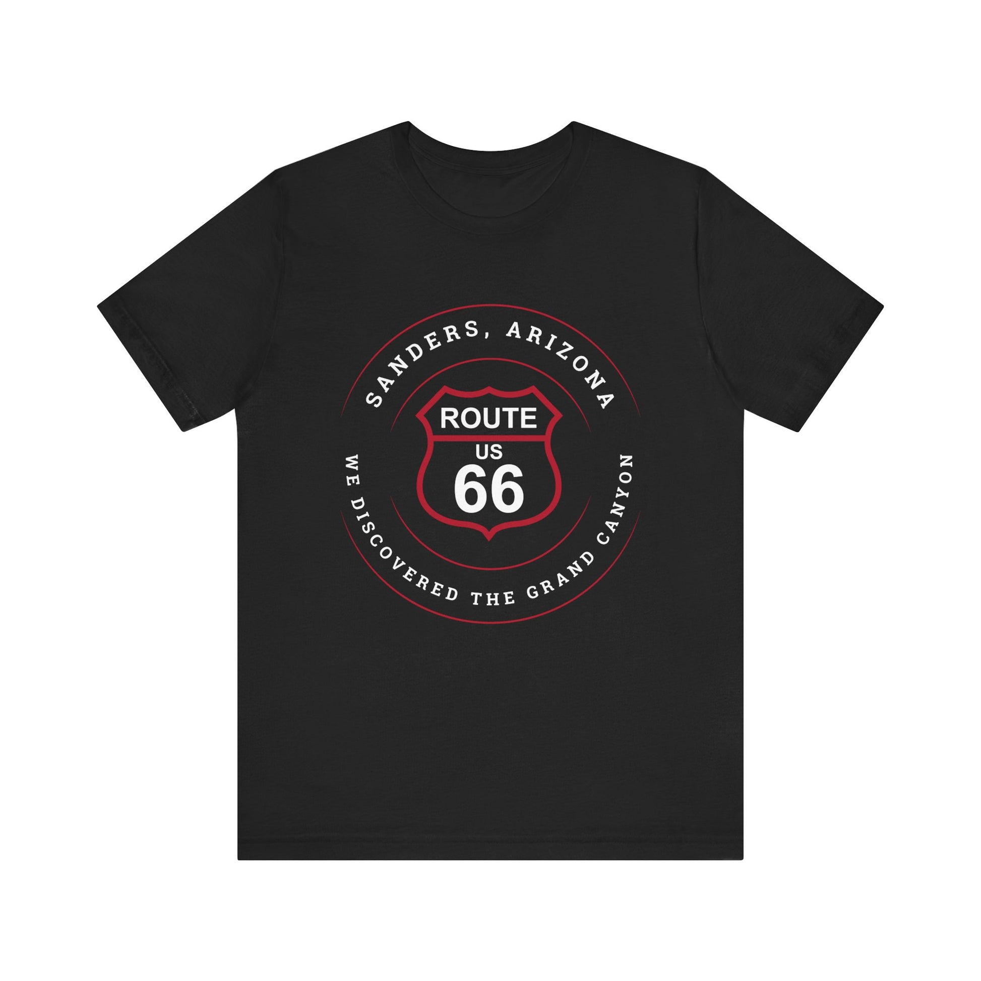 Black retro Route 66 unisex jersey tee with Sanders, AZ: "We Discovered the Grand Canyon" design