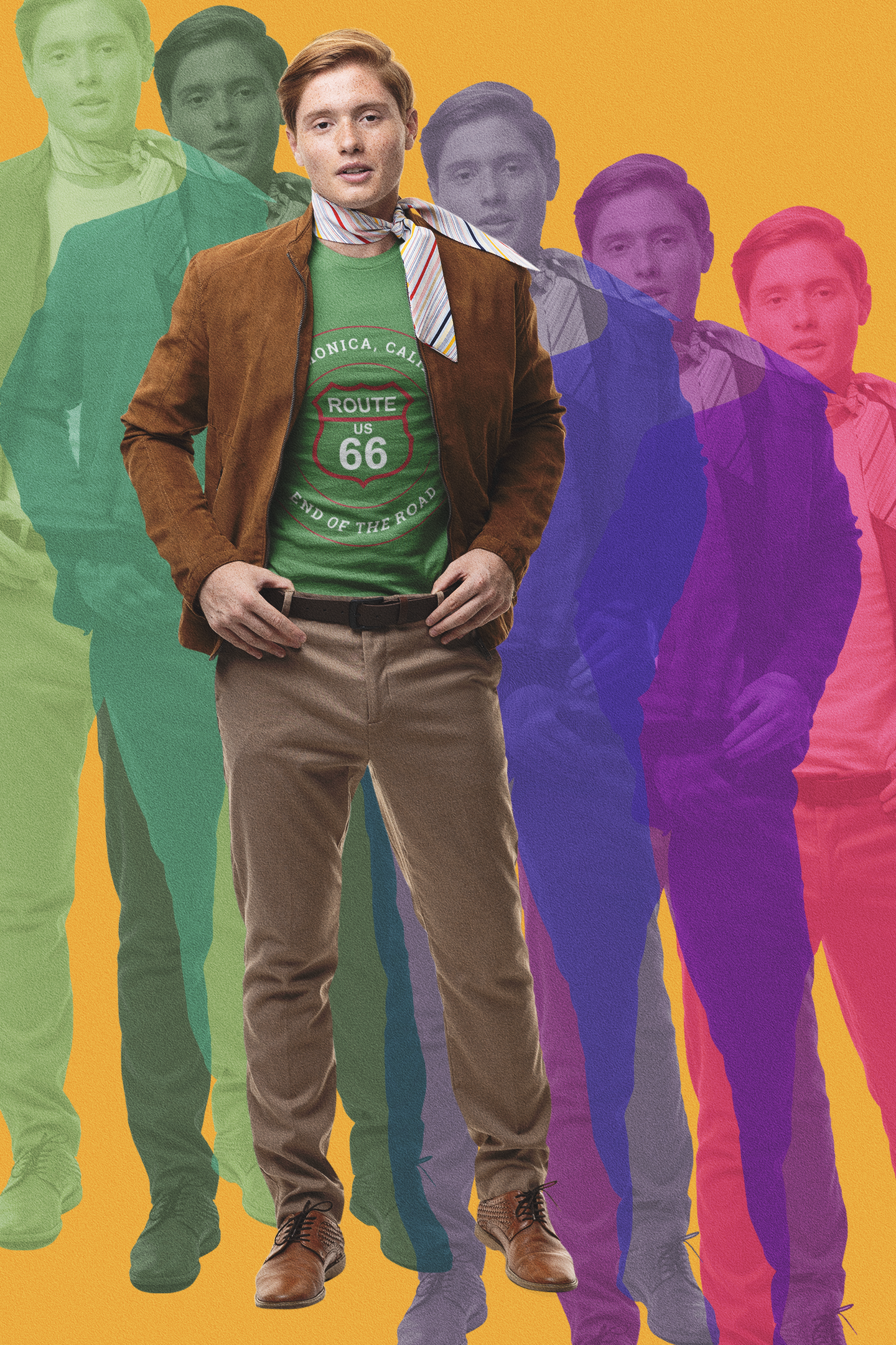 Stylish man wearing black retro Route 66 unisex jersey tee with Santa Monica, CA: "End of the Road" design with retro pop art background in rainbow colors, fashion-forwrd apparel design. 