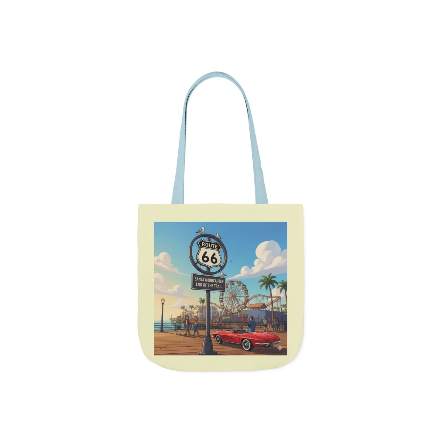 Route 66 Santa Monica Pier End of the Trail tote bag with light blue handle and a vintage car and pier design on a cream background