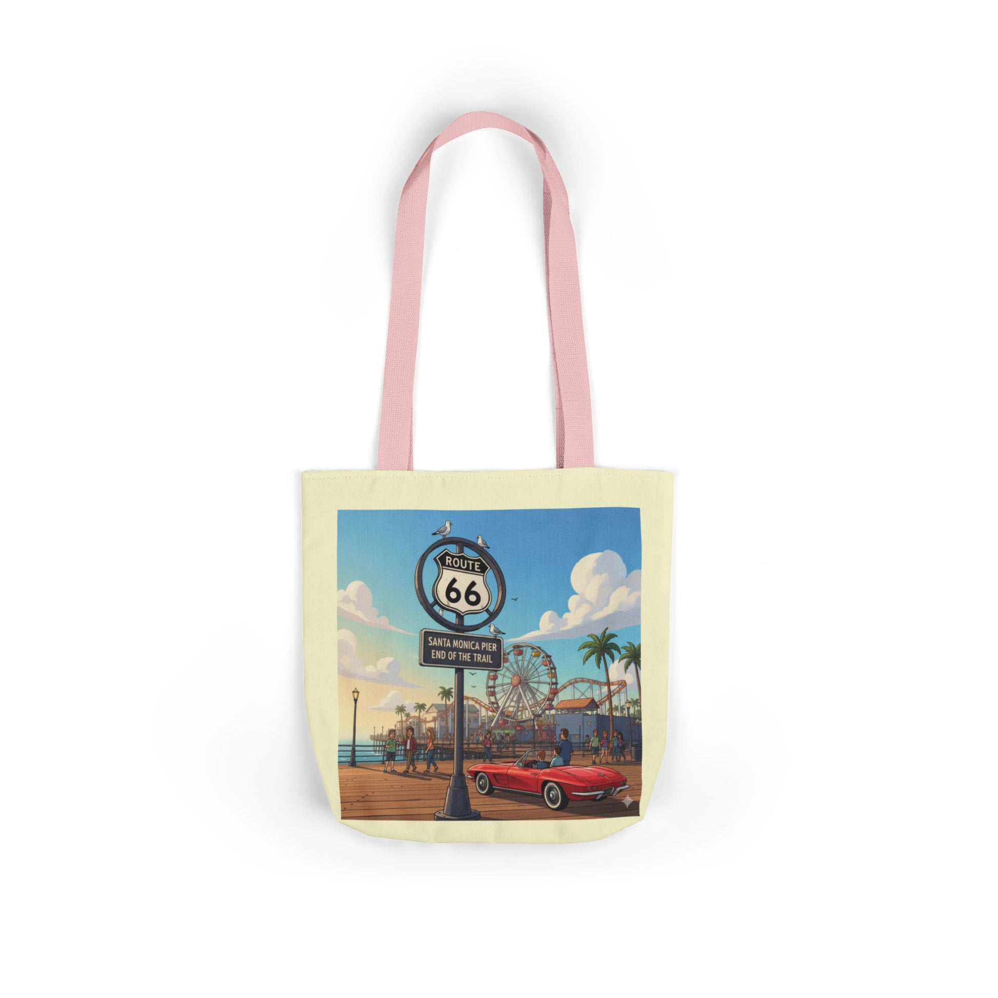 Route 66 Santa Monica Pier End of the Trail tote bag with light pink handle and a vintage car and pier design on a cream background