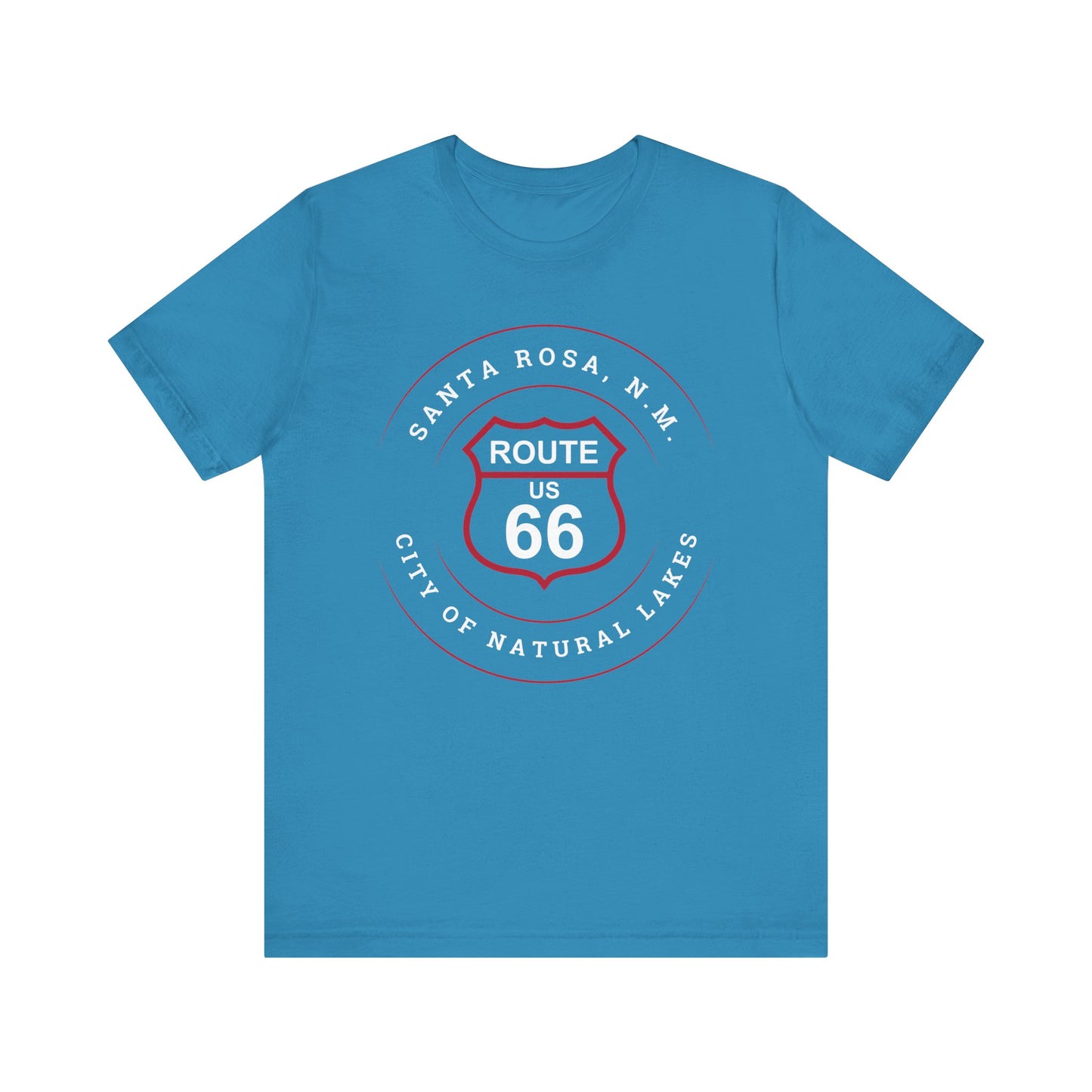 Aqua retro Route 66 unisex jersey tee with Santa Rosa, NM: "City of Natural Lakes" design