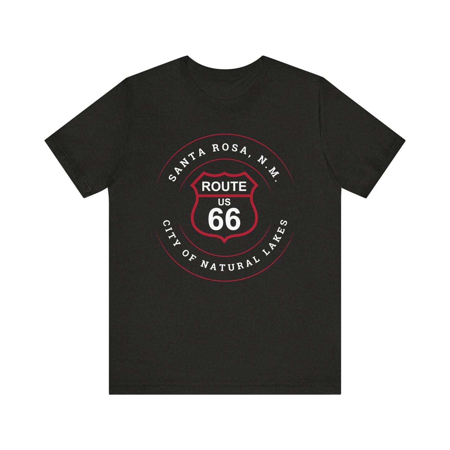 Black heather retro Route 66 unisex jersey tee with Santa Rosa, NM: "City of Natural Lakes" design