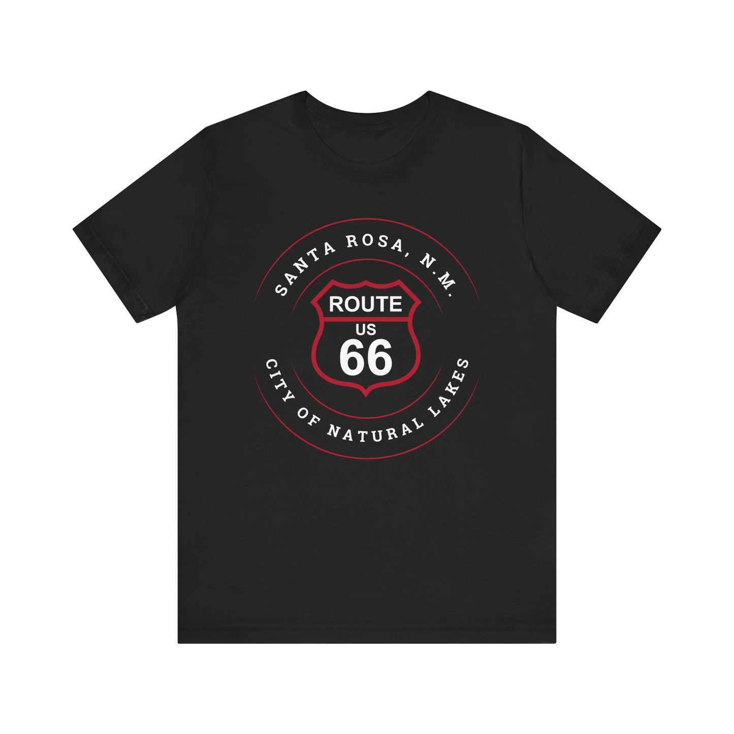 Black retro Route 66 unisex jersey tee with Santa Rosa, NM: "City of Natural Lakes" design