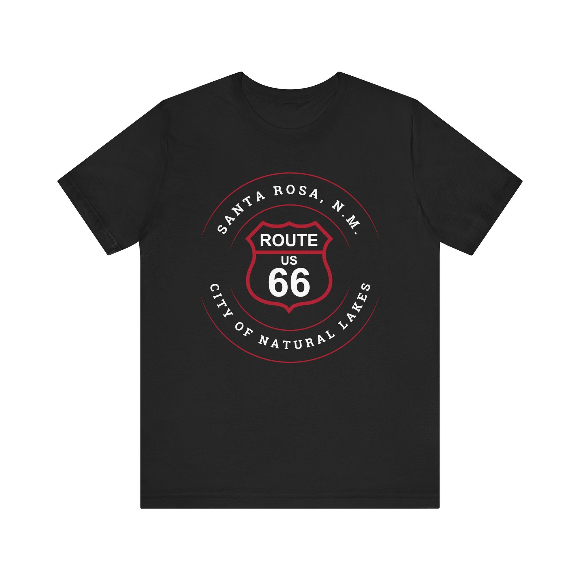 Black retro Route 66 unisex jersey tee with Santa Rosa, NM: "City of Natural Lakes" design