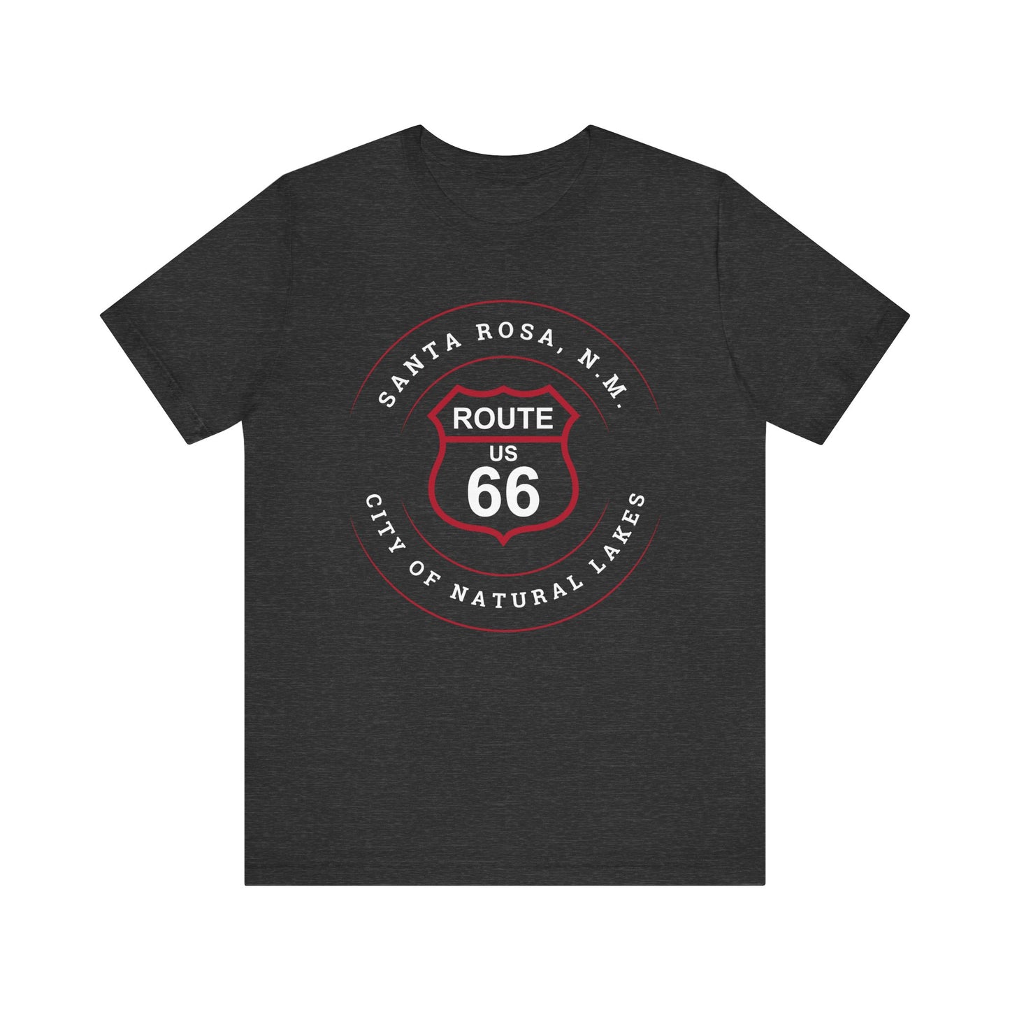 Dark grey heather retro Route 66 unisex jersey tee with Santa Rosa, NM: "City of Natural Lakes" design