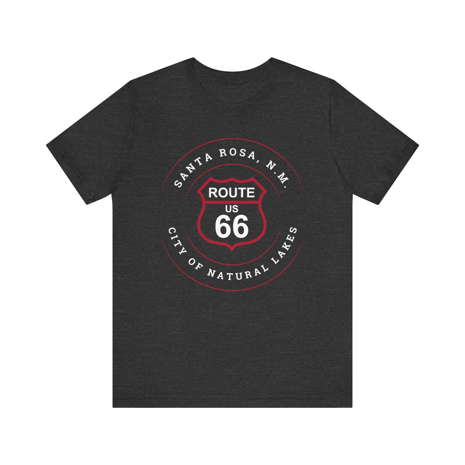 Dark grey heather retro Route 66 unisex jersey tee with Santa Rosa, NM: "City of Natural Lakes" design