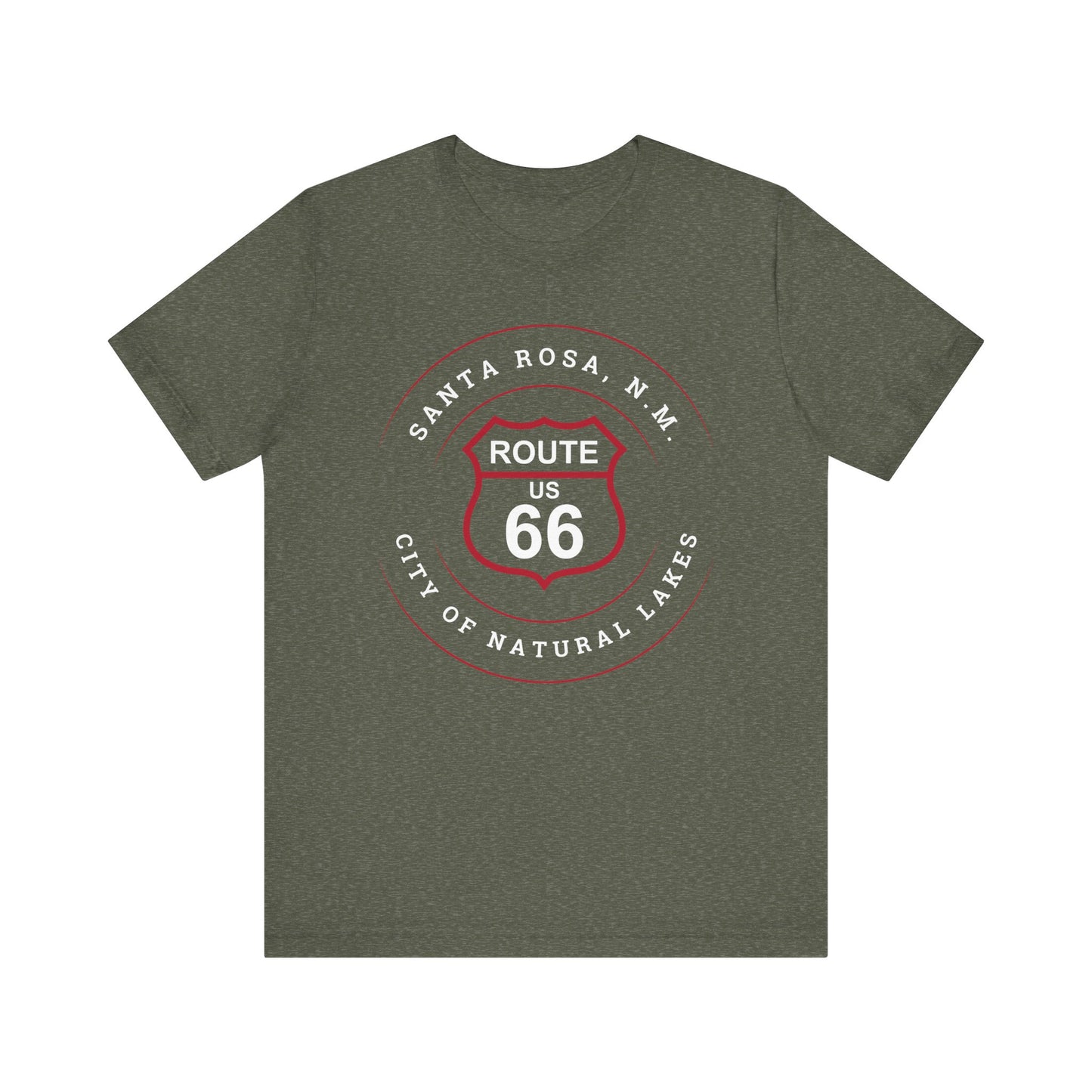 Heather military green retro Route 66 unisex jersey tee with Santa Rosa, NM: "City of Natural Lakes" design