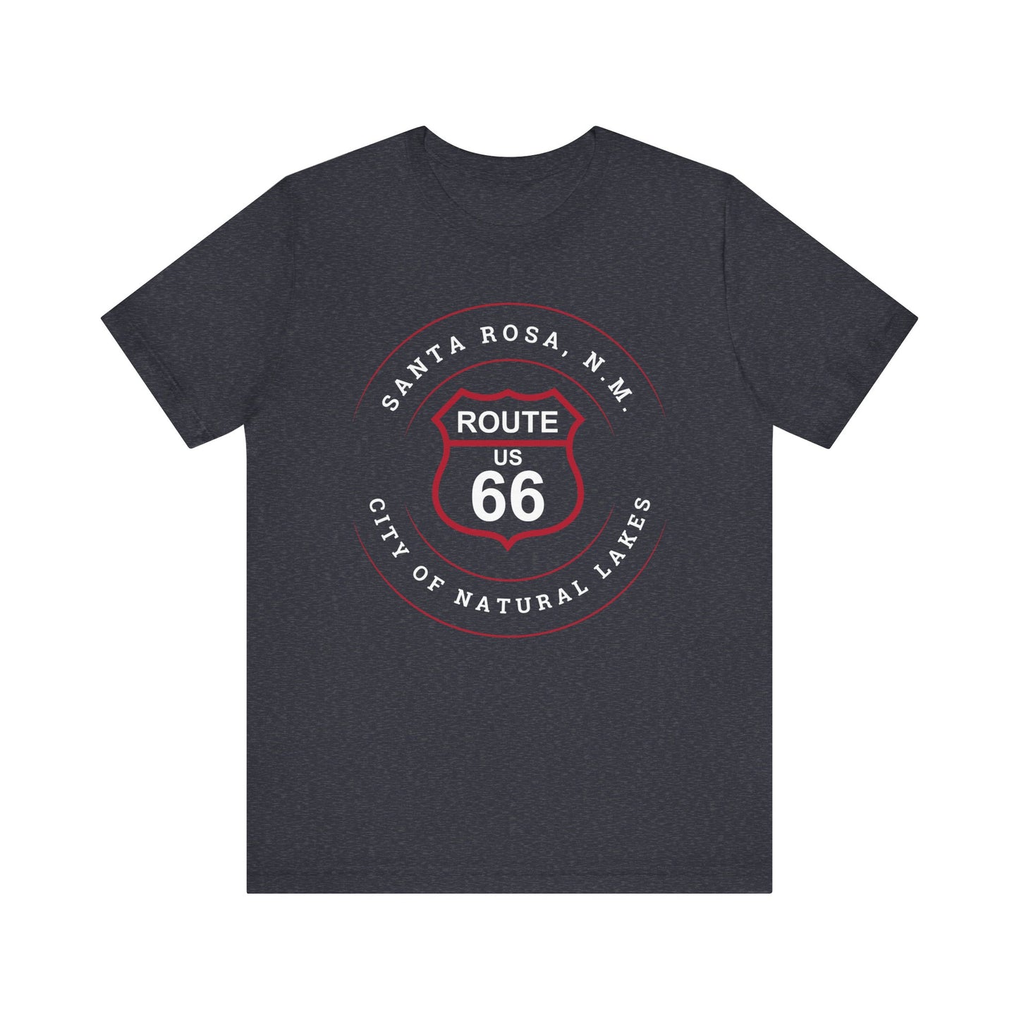 Heather navy retro Route 66 unisex jersey tee with Santa Rosa, NM: "City of Natural Lakes" design