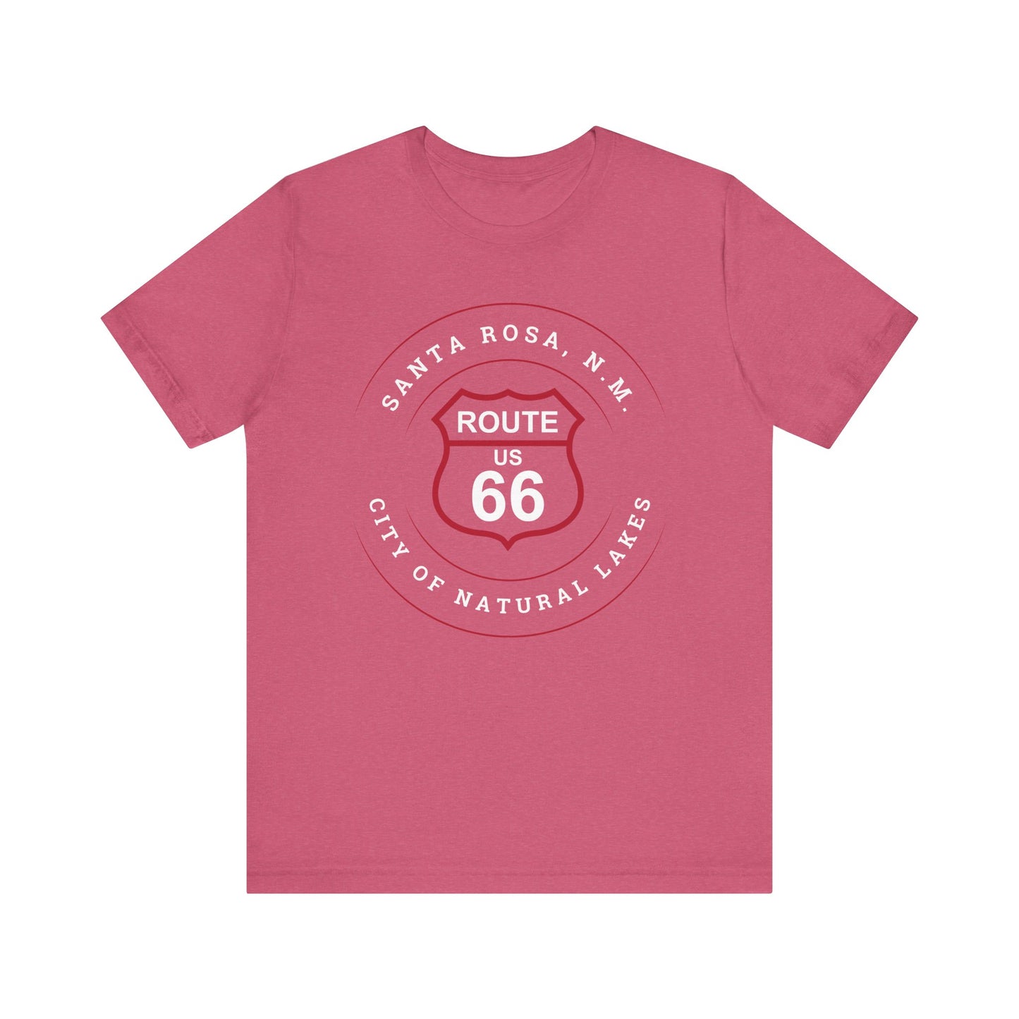 Heather raspberry retro Route 66 unisex jersey tee with Santa Rosa, NM: "City of Natural Lakes" design