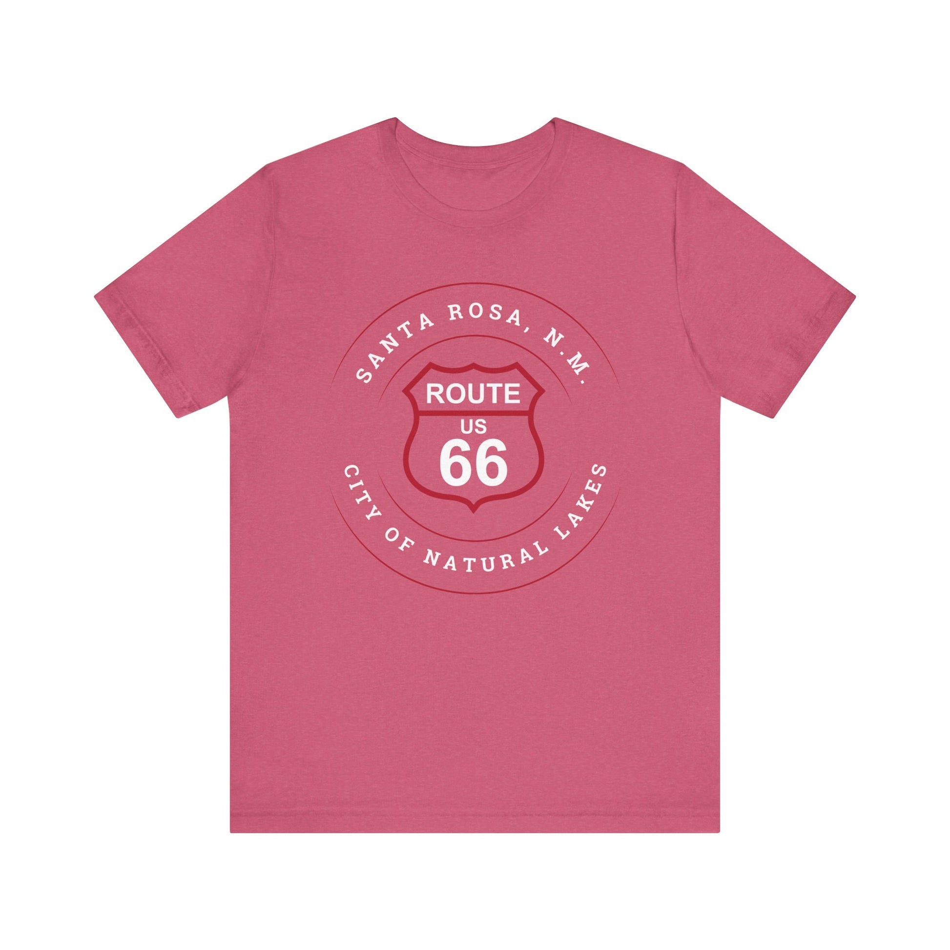Heather raspberry retro Route 66 unisex jersey tee with Santa Rosa, NM: "City of Natural Lakes" design