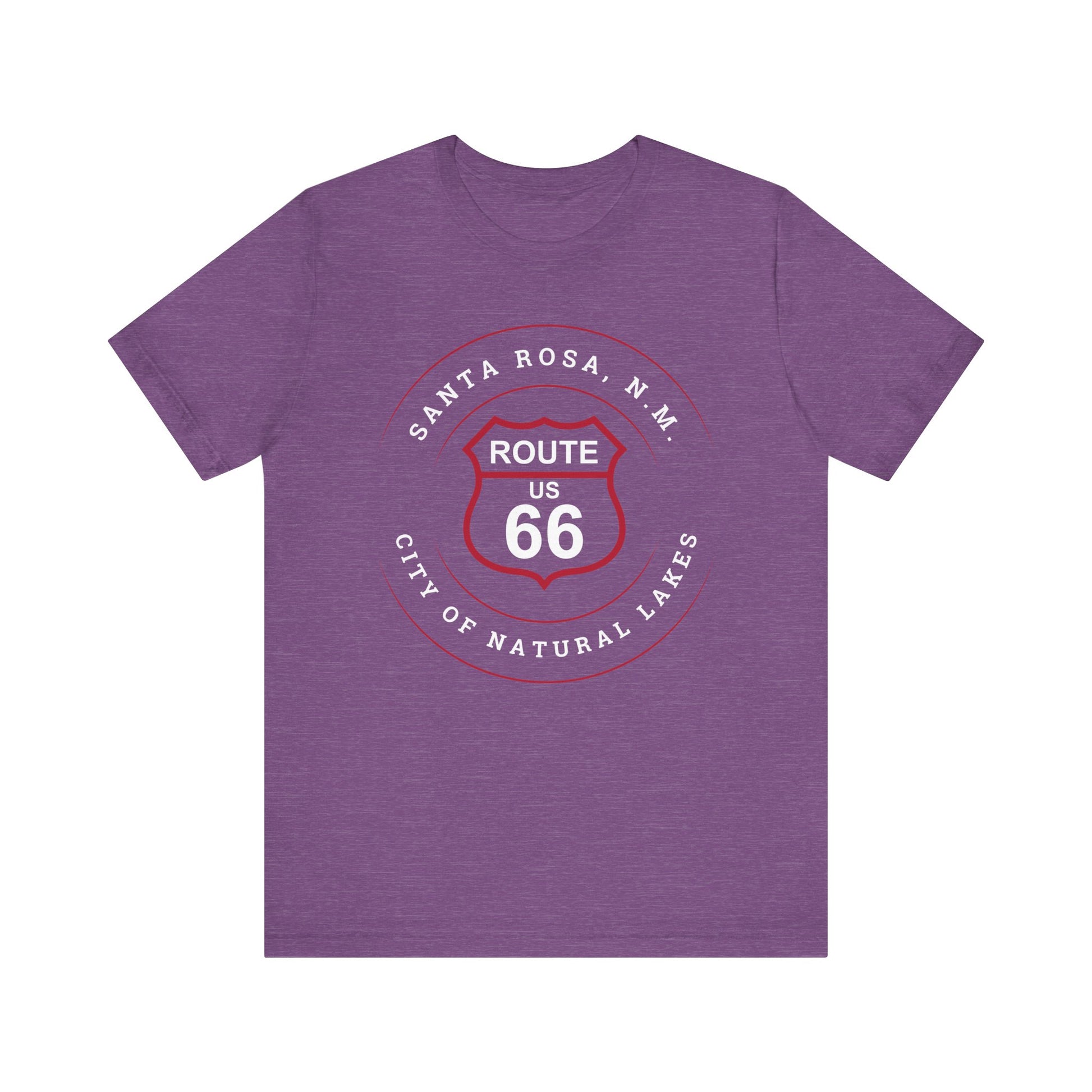 Heather team purple retro Route 66 unisex jersey tee with Santa Rosa, NM: "City of Natural Lakes" design