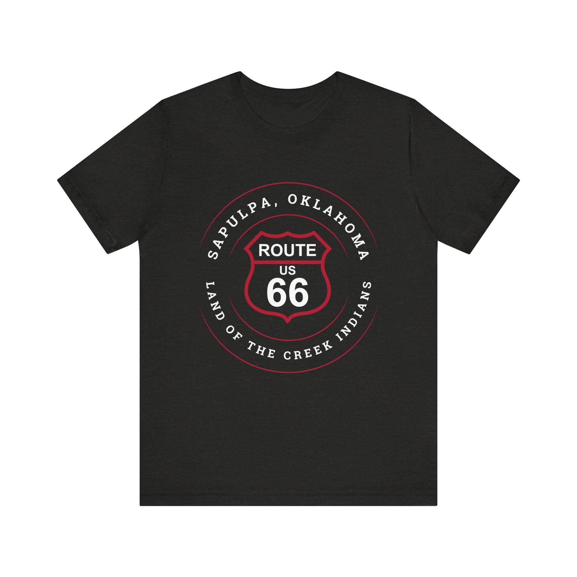 Black heather retro Route 66 unisex jersey tee with Sapulpa, OK "Land of the Creek Indians" design
