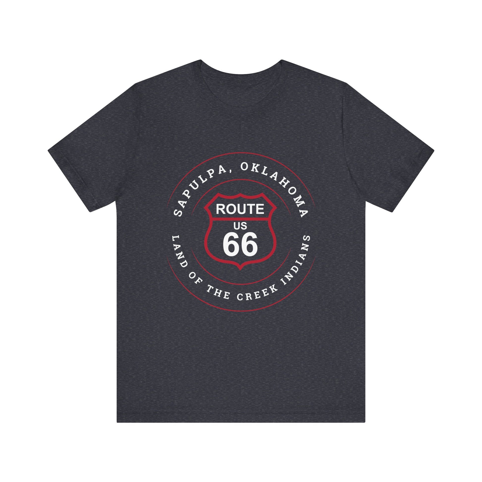 Heather navy retro Route 66 unisex jersey tee with Sapulpa, OK "Land of the Creek Indians" design